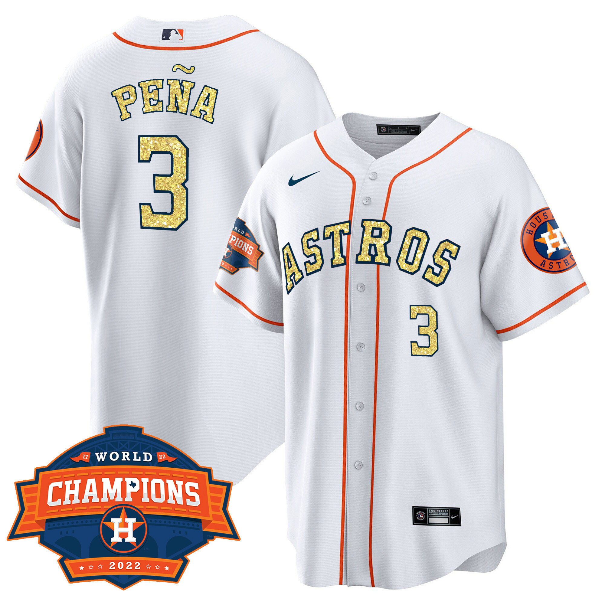 Men Cool Base Jeremy Pena Houston Astros Special White Gold 2022 World Series Champions Patch Jersey ñ All Stitched