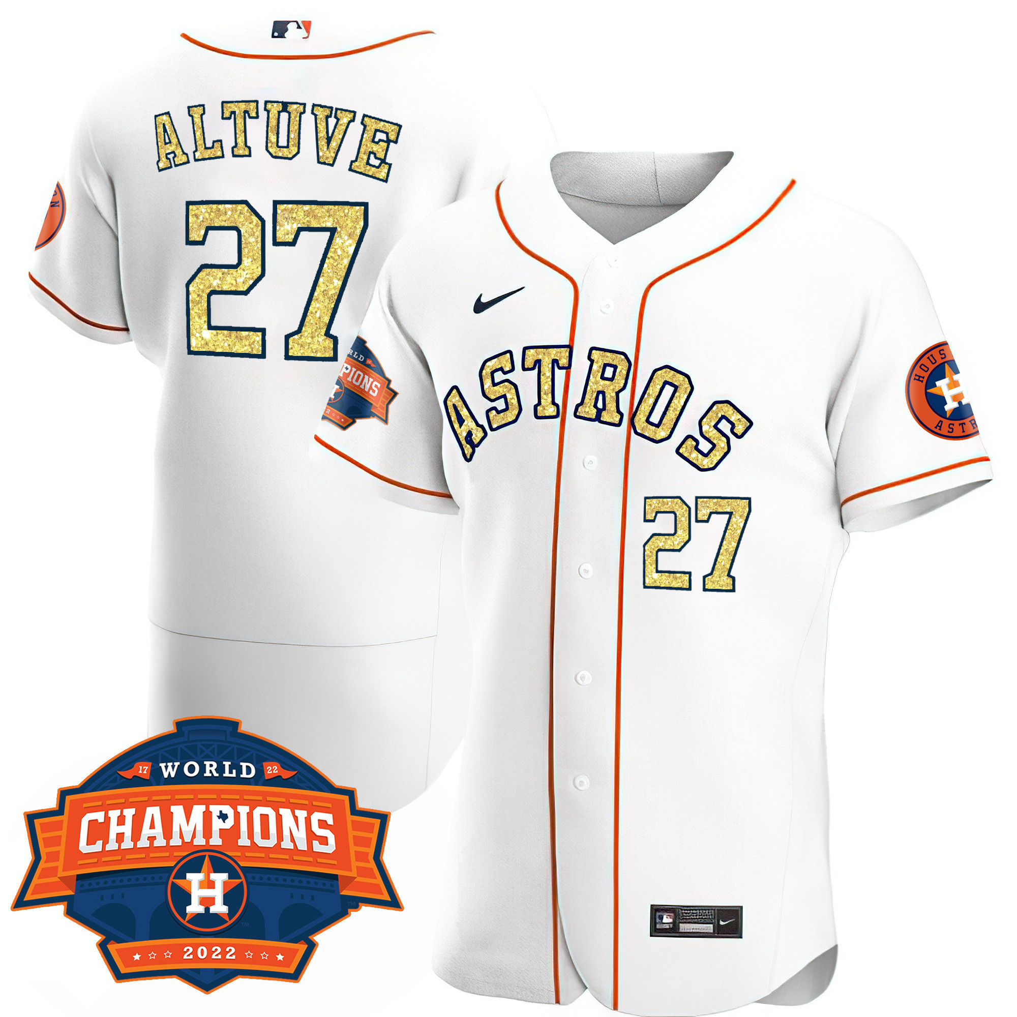 Men Flex Base JosÈ Altuve Houston Astros Special White Gold 2022 World Series Champions Patch Jersey ñ All Stitched