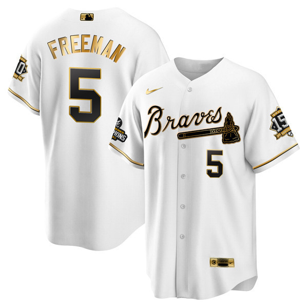 Men Freddie Freeman Atlanta Braves World Series Champion White Gold Cool Base Jersey 2021 ñ Stitched