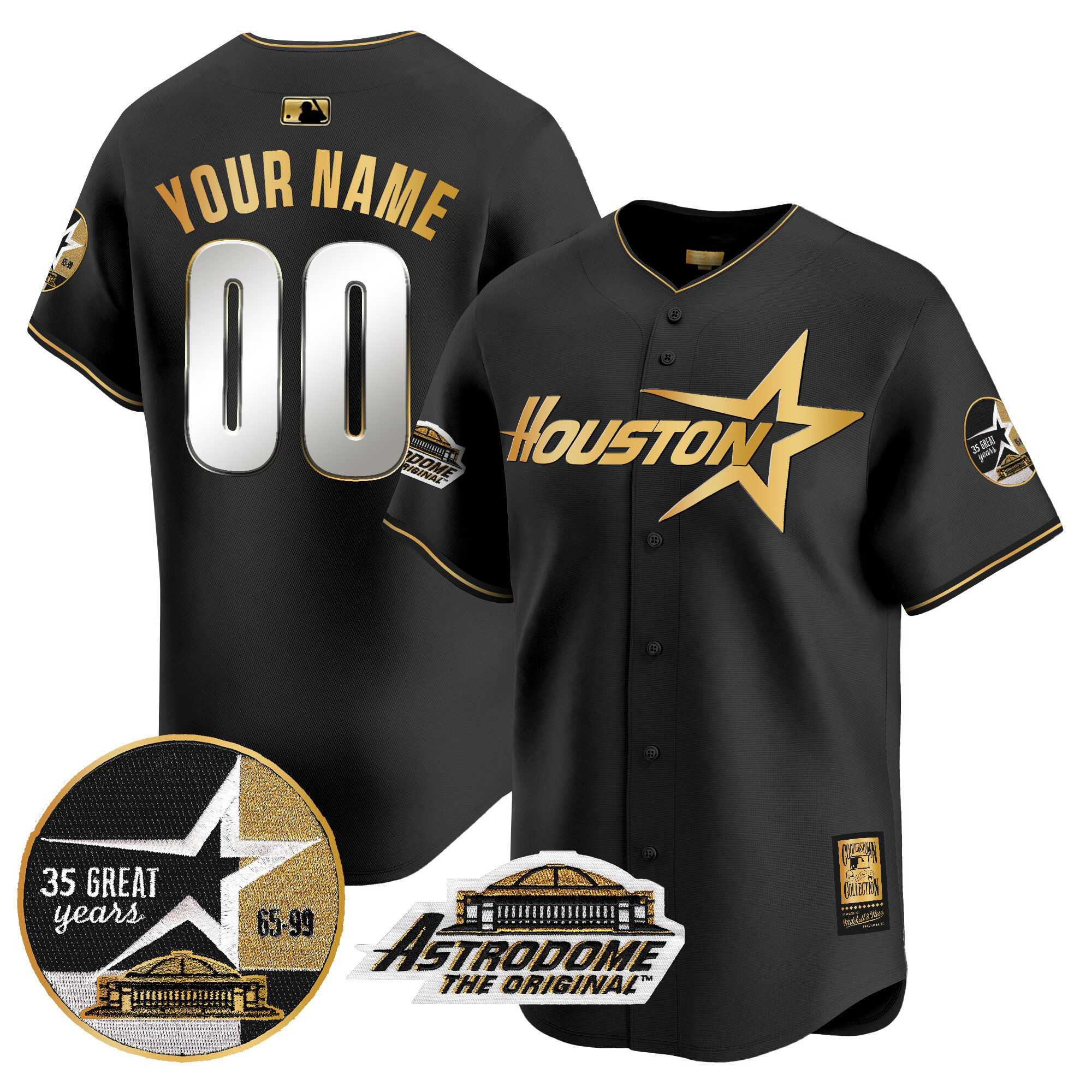 Men Houston Astros 1999 Throwback 35th & Astrodome Patch Vapor Premier Limited Custom Black Gold Jersey V2 - All Stitched