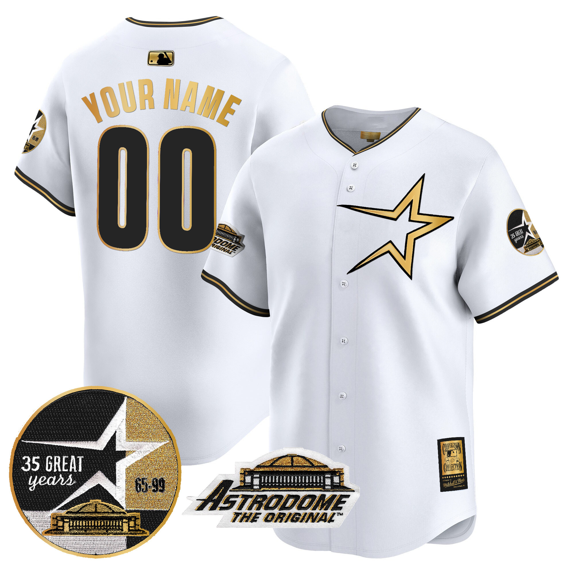 Men Houston Astros 1999 Throwback 35th & Astrodome Patch Vapor Premier Limited Custom White Gold Jersey - All Stitched