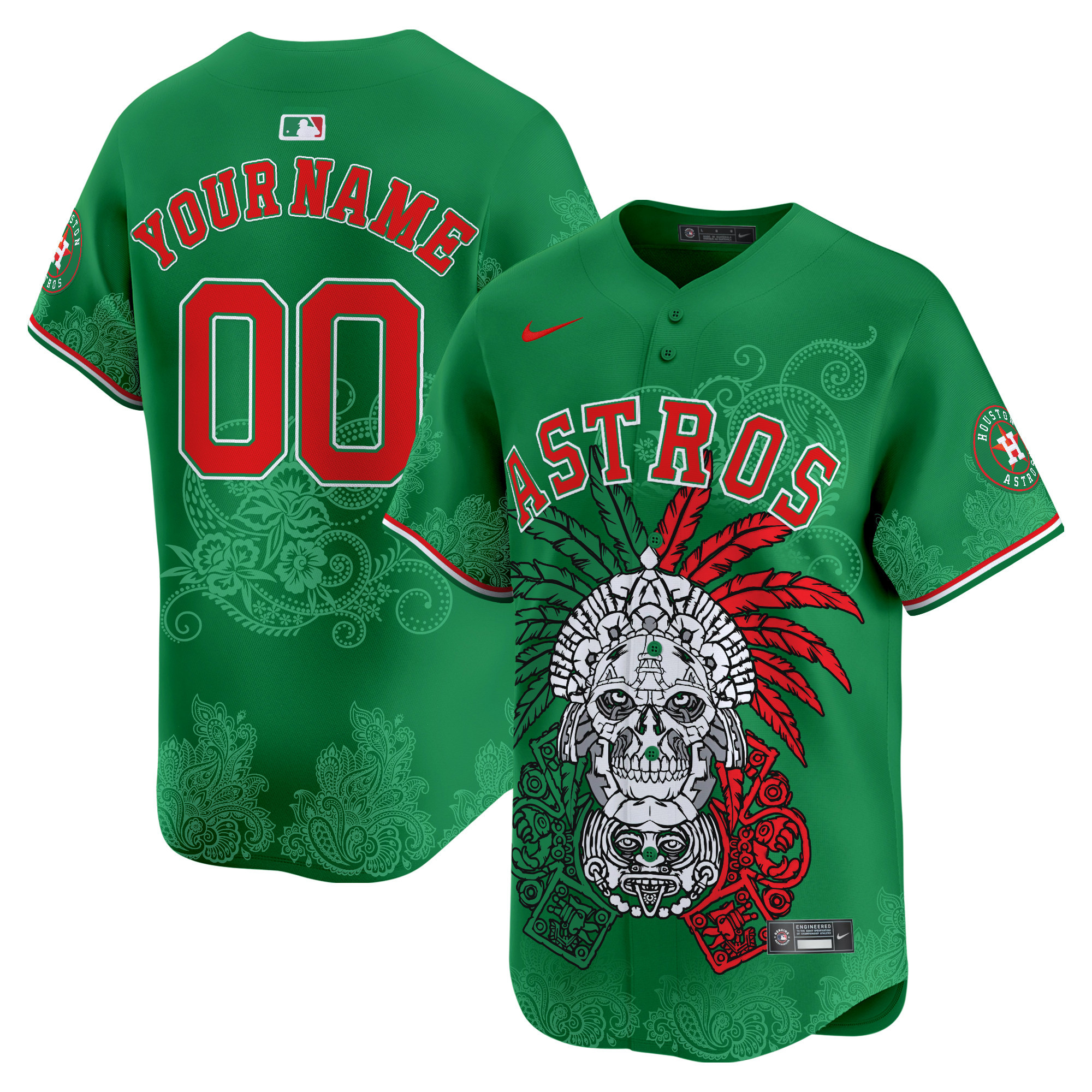 Men Houston Astros Aztec Warrior Skull Vapor Premier Limited Custom Green Jersey V2 - Printed