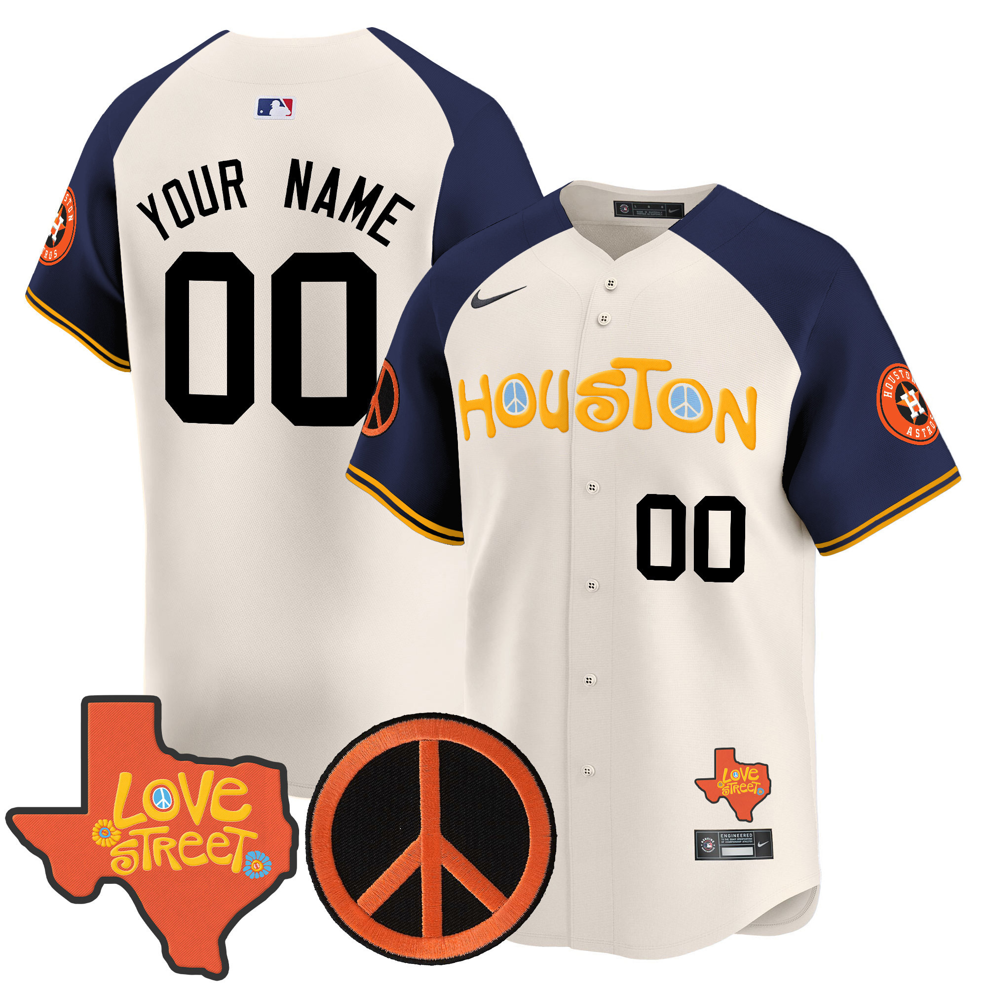 Men Houston Astros Love Street & Peace Sign Patch Vapor Premier Limited Custom Alternate Jersey V2 - All Stitched