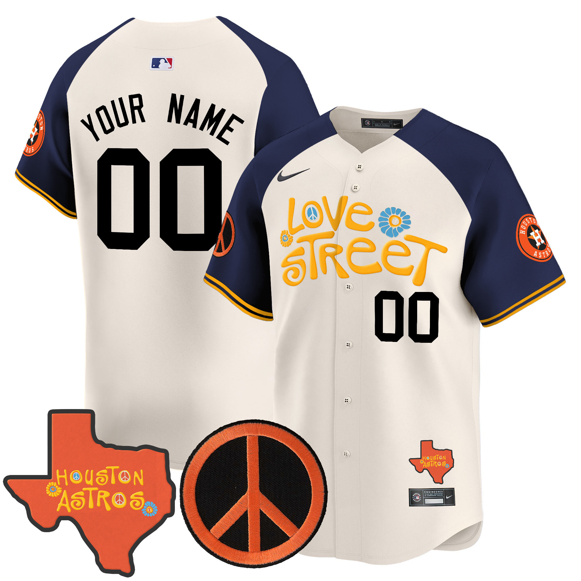 Men Houston Astros Love Street & Peace Sign Patch Vapor Premier Limited Custom Alternate Jersey V3 - All Stitched