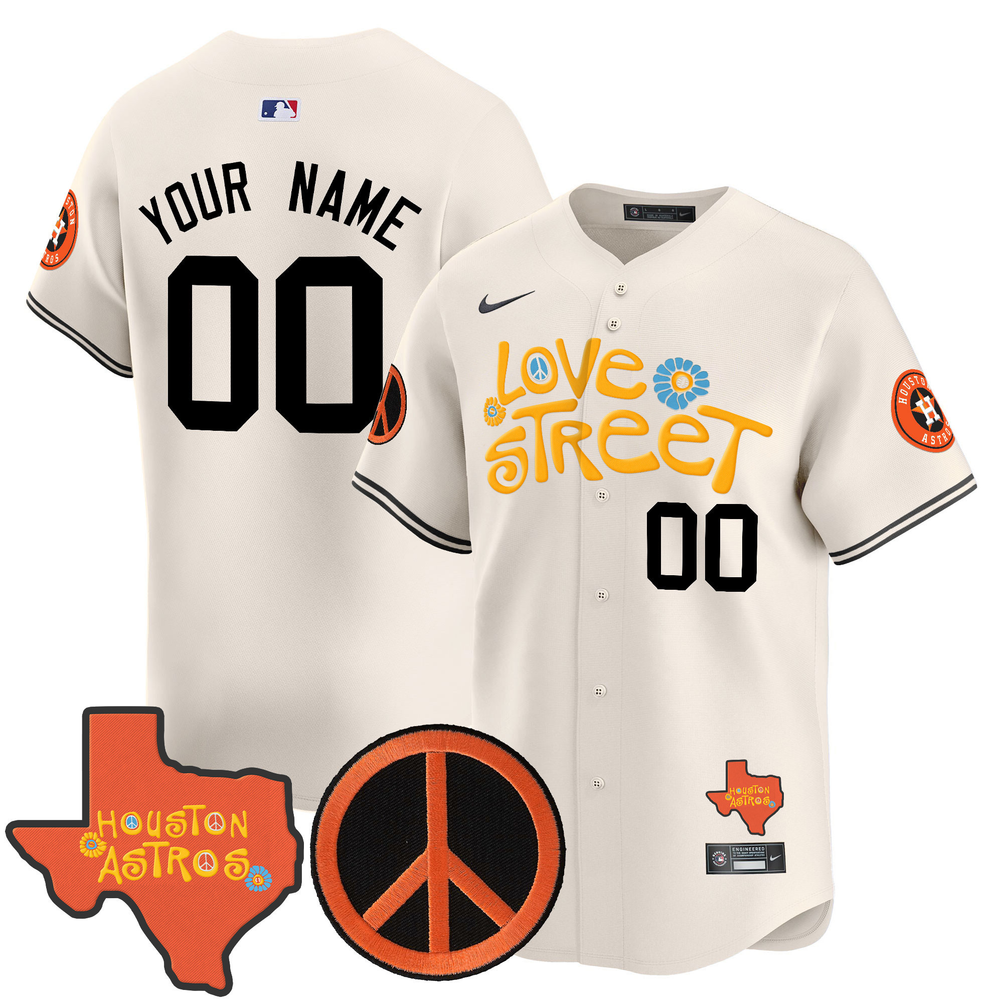 Men Houston Astros Love Street & Peace Sign Patch Vapor Premier Limited Custom Cream Jersey V3 - All Stitched