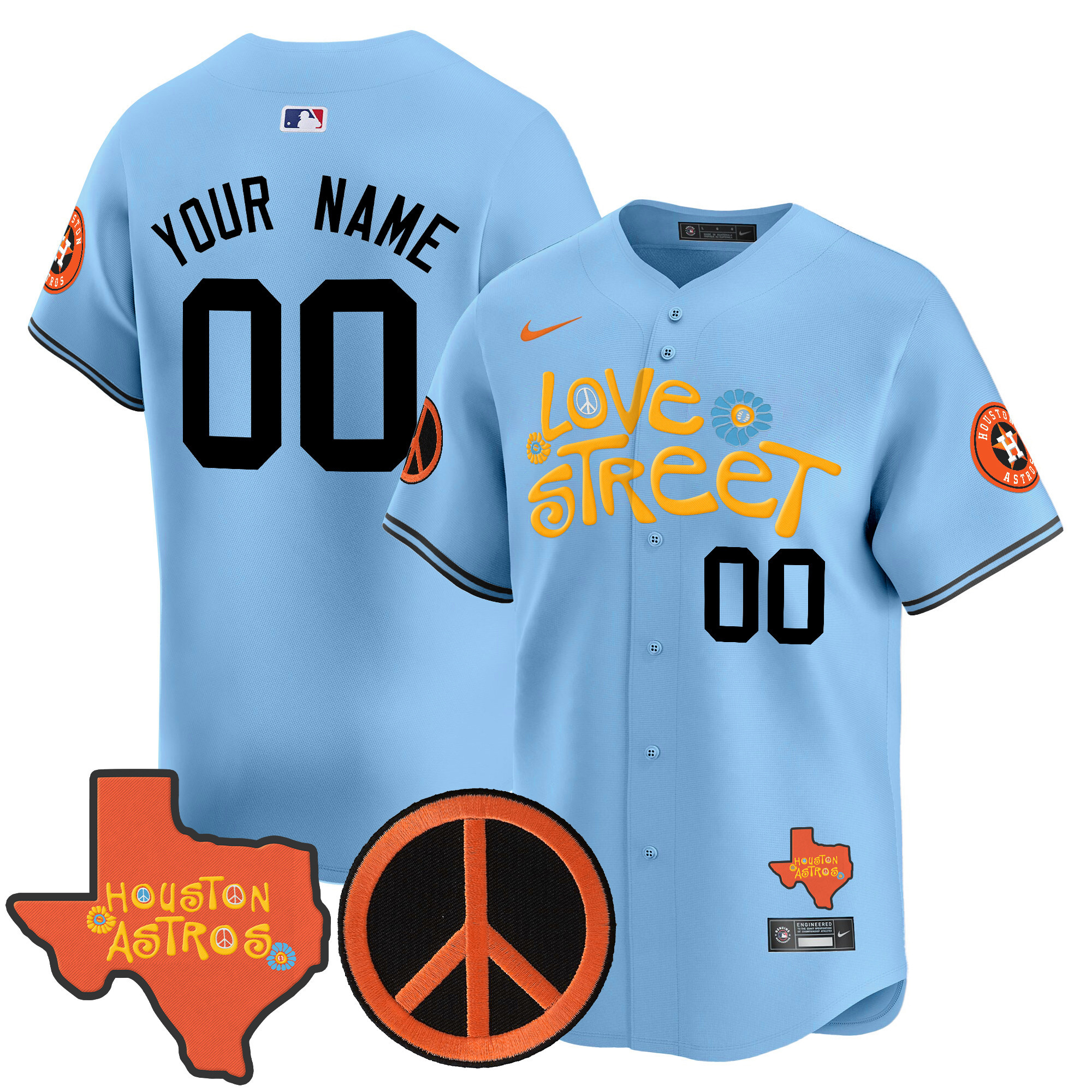 Men Houston Astros Love Street & Peace Sign Patch Vapor Premier Limited Custom Light Blue Jersey V3 - All Stitched