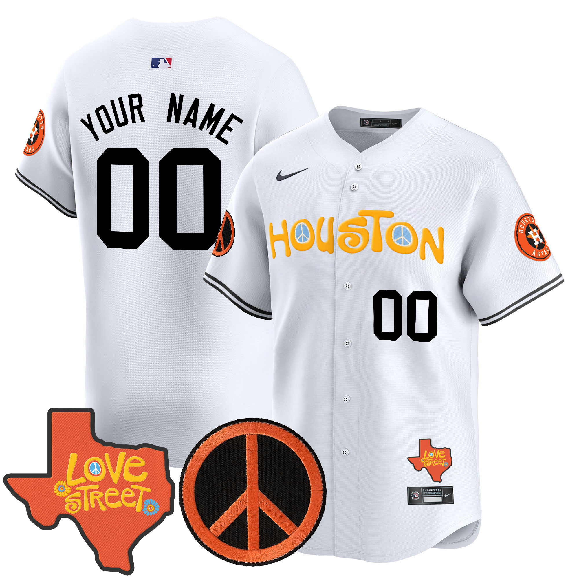 Men Houston Astros Love Street & Peace Sign Patch Vapor Premier Limited Custom White Jersey V2 - All Stitched