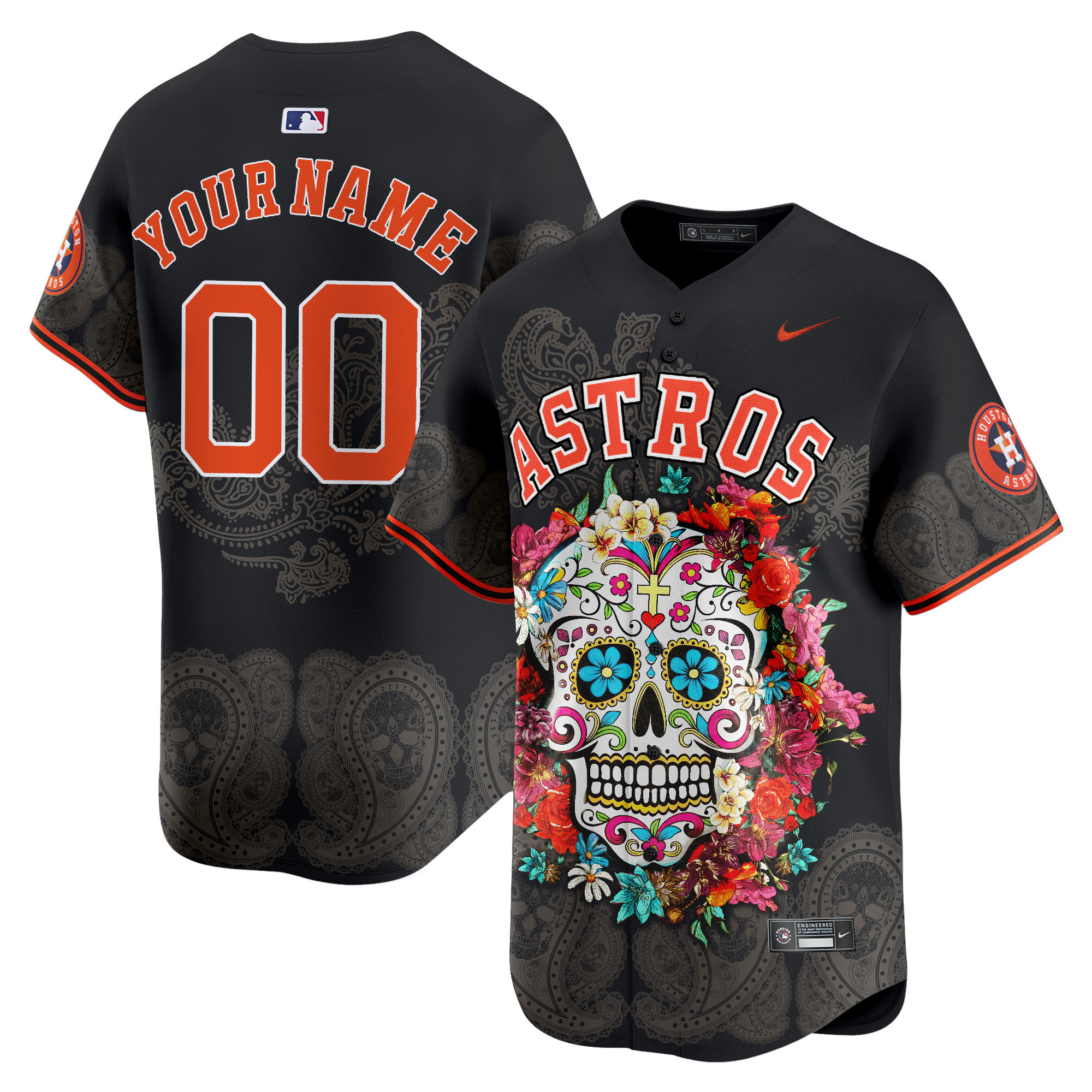 Men Houston Astros Mexico Skull Vapor Premier Limited Custom Black Jersey - Printed