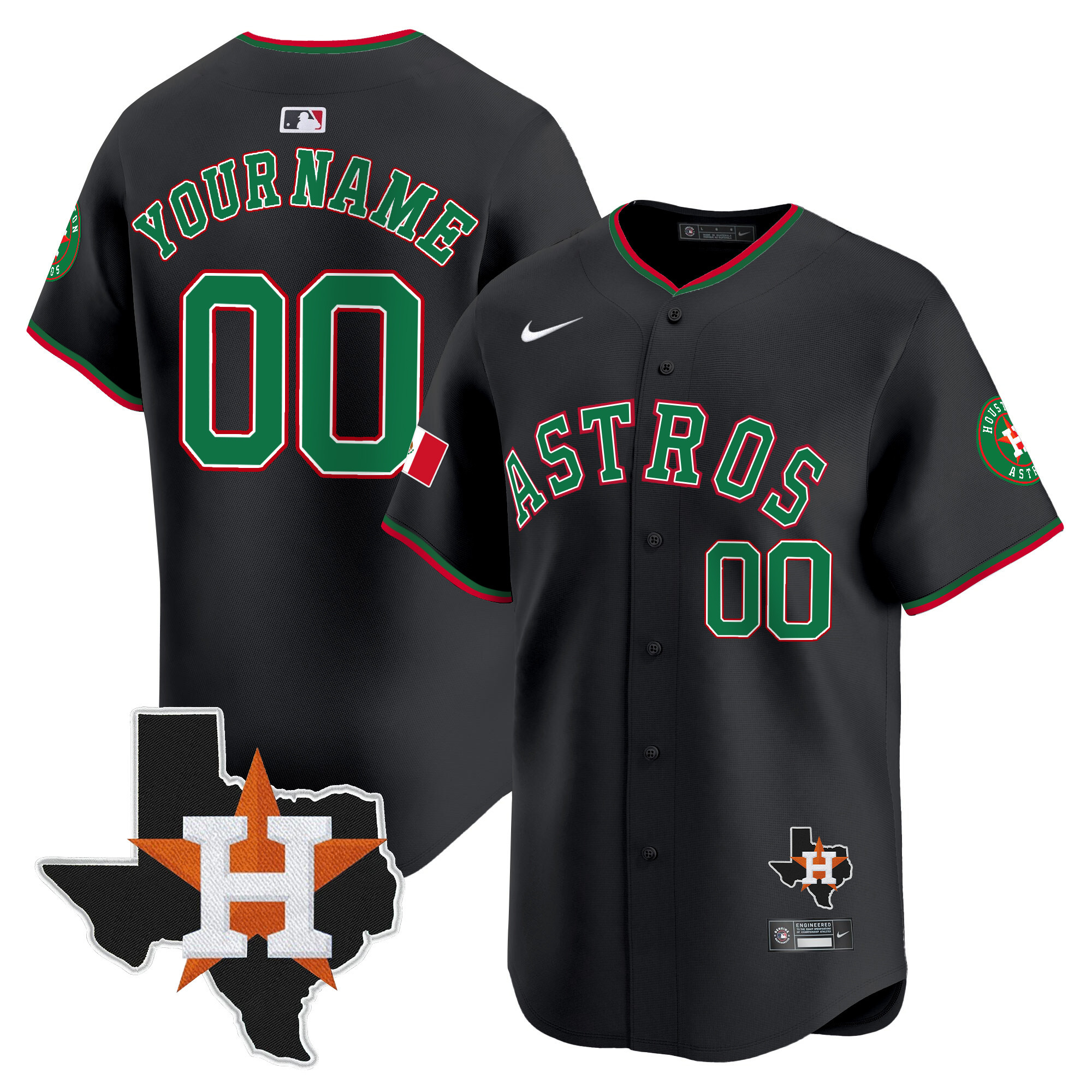 Men Houston Astros Mexico Texas Patch Vapor Premier Limited Custom Black Jersey V4 - All Stitched