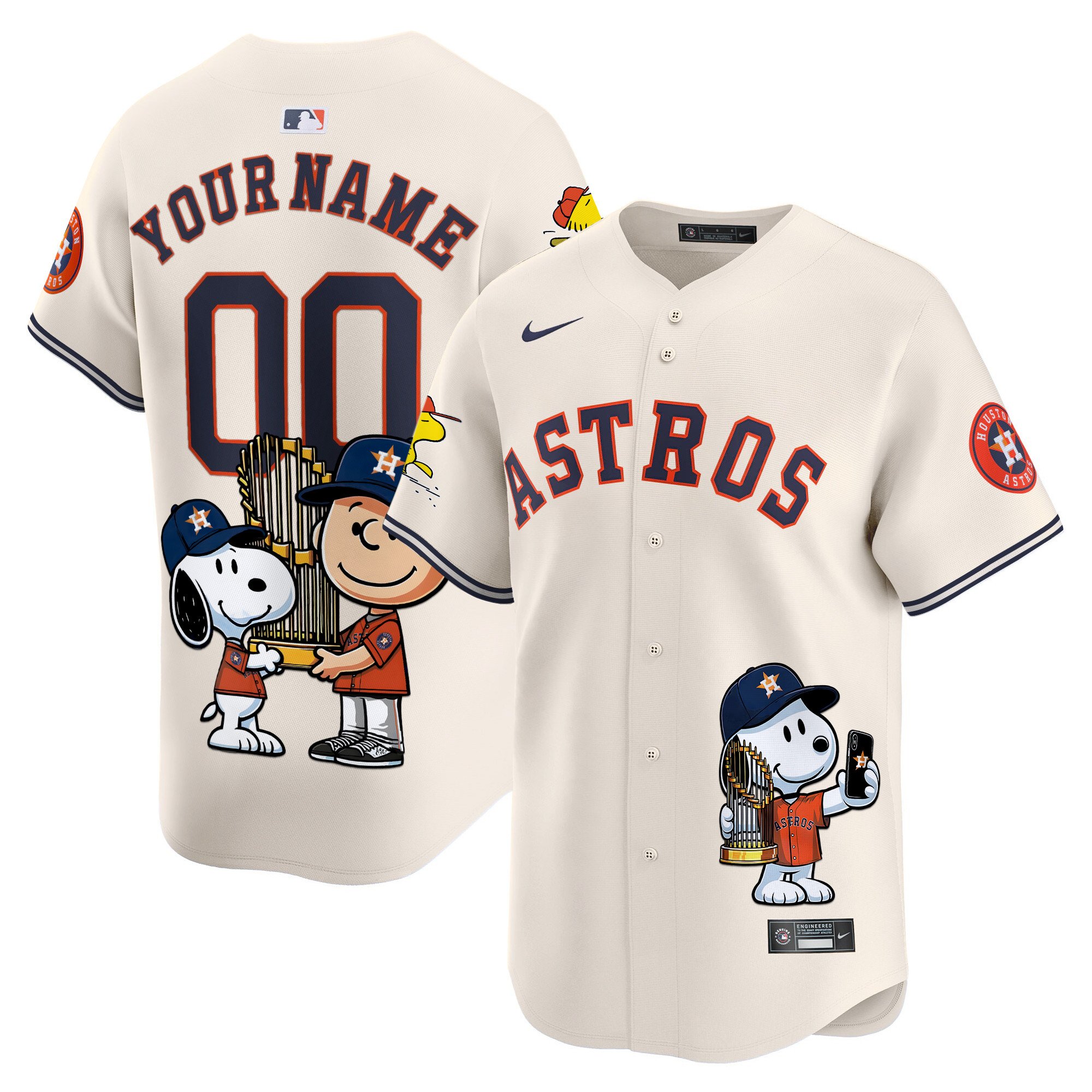 Men Houston Astros Peanut Snoopy Vapor Premier Limited Custom Cream Jersey - Printed