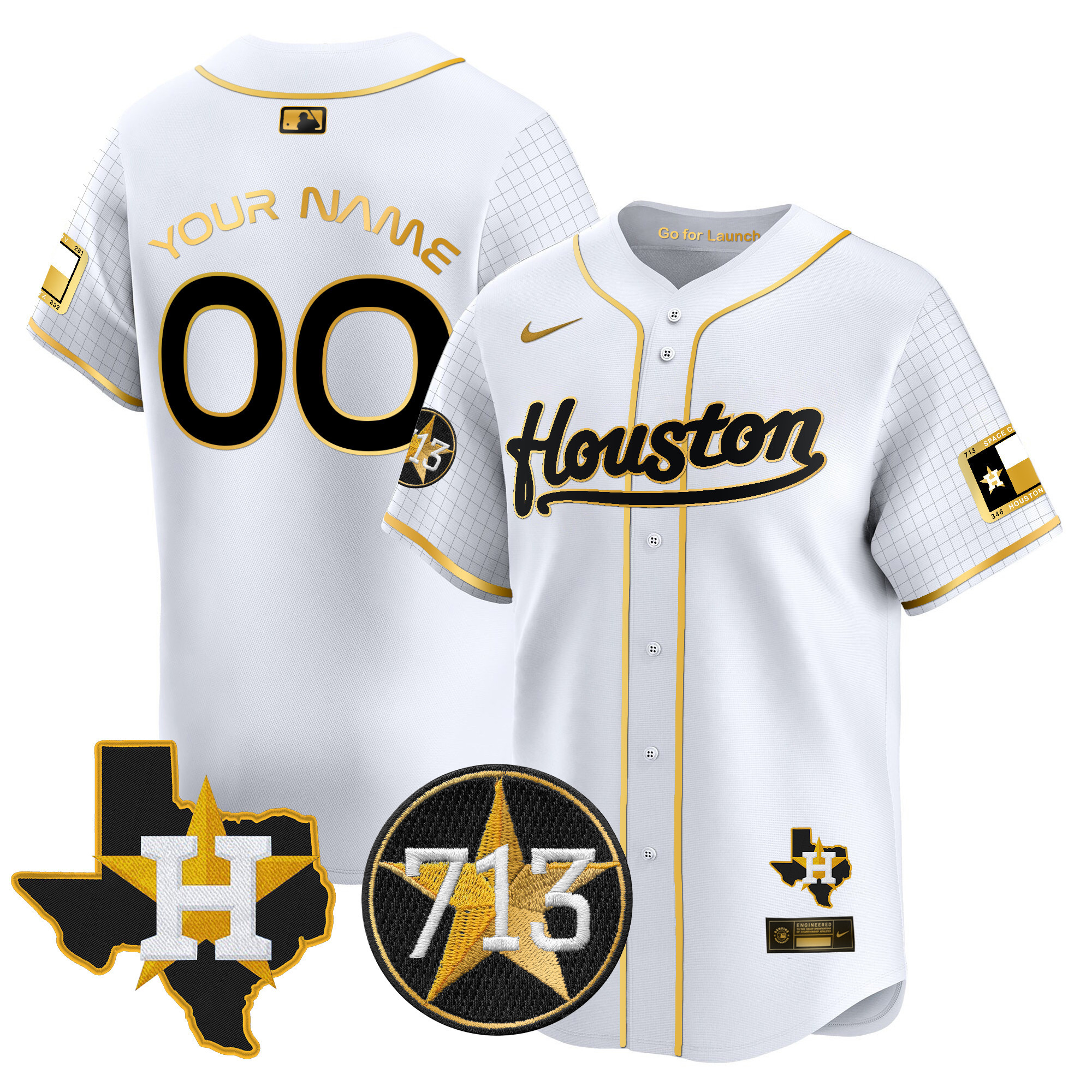 Men Houston Astros Space City 713 Patch Vapor Premier Limited Custom White Gold Jersey - All Stitched