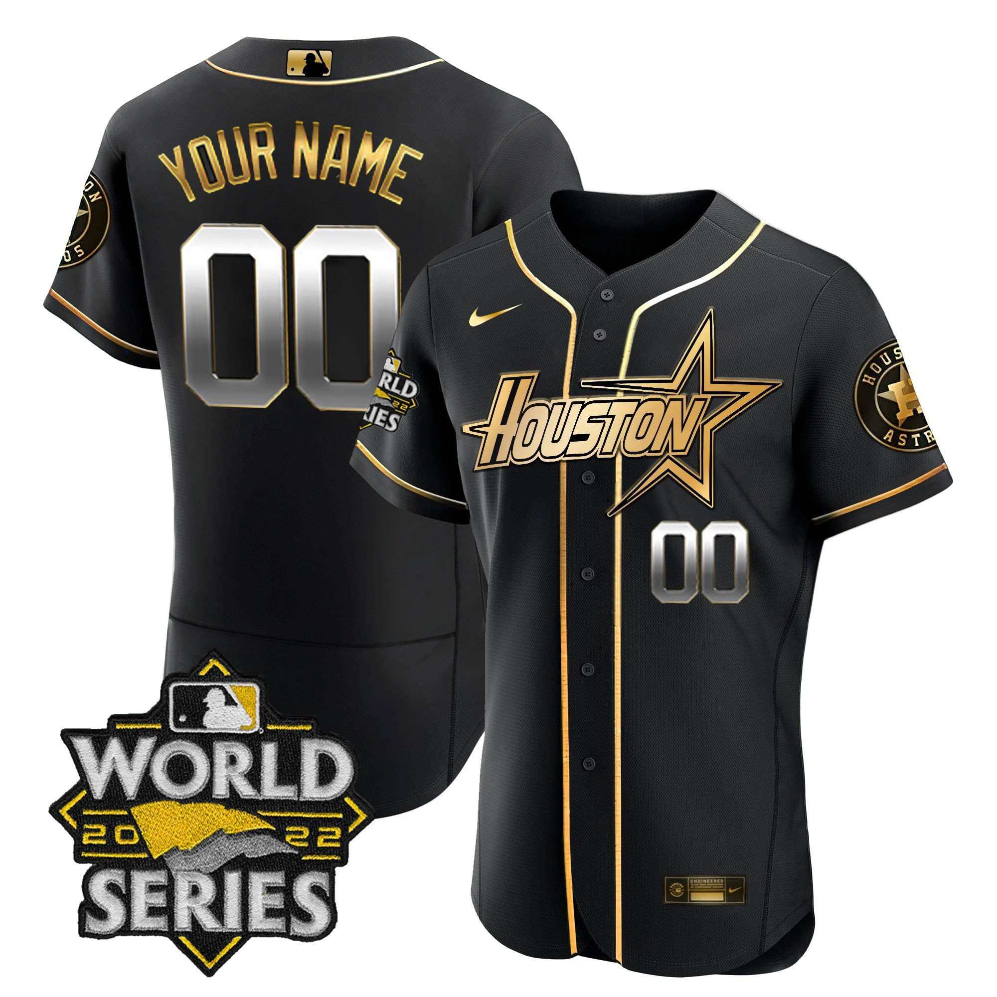 Men Houston Astros World Series Black Gold Special Custom Flex Black Jersey - All Stitched