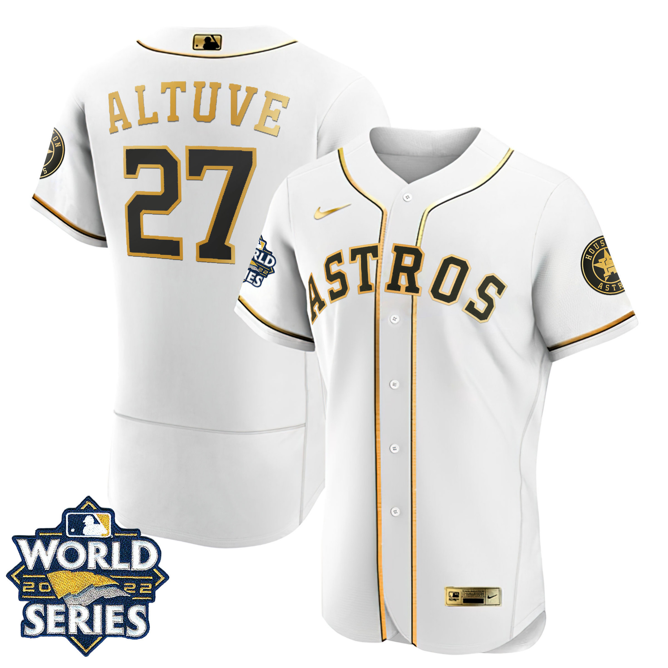Men JosÈ Altuve Houston Astros Flex Base White Gold 2022 World Series Jersey - All Stitched