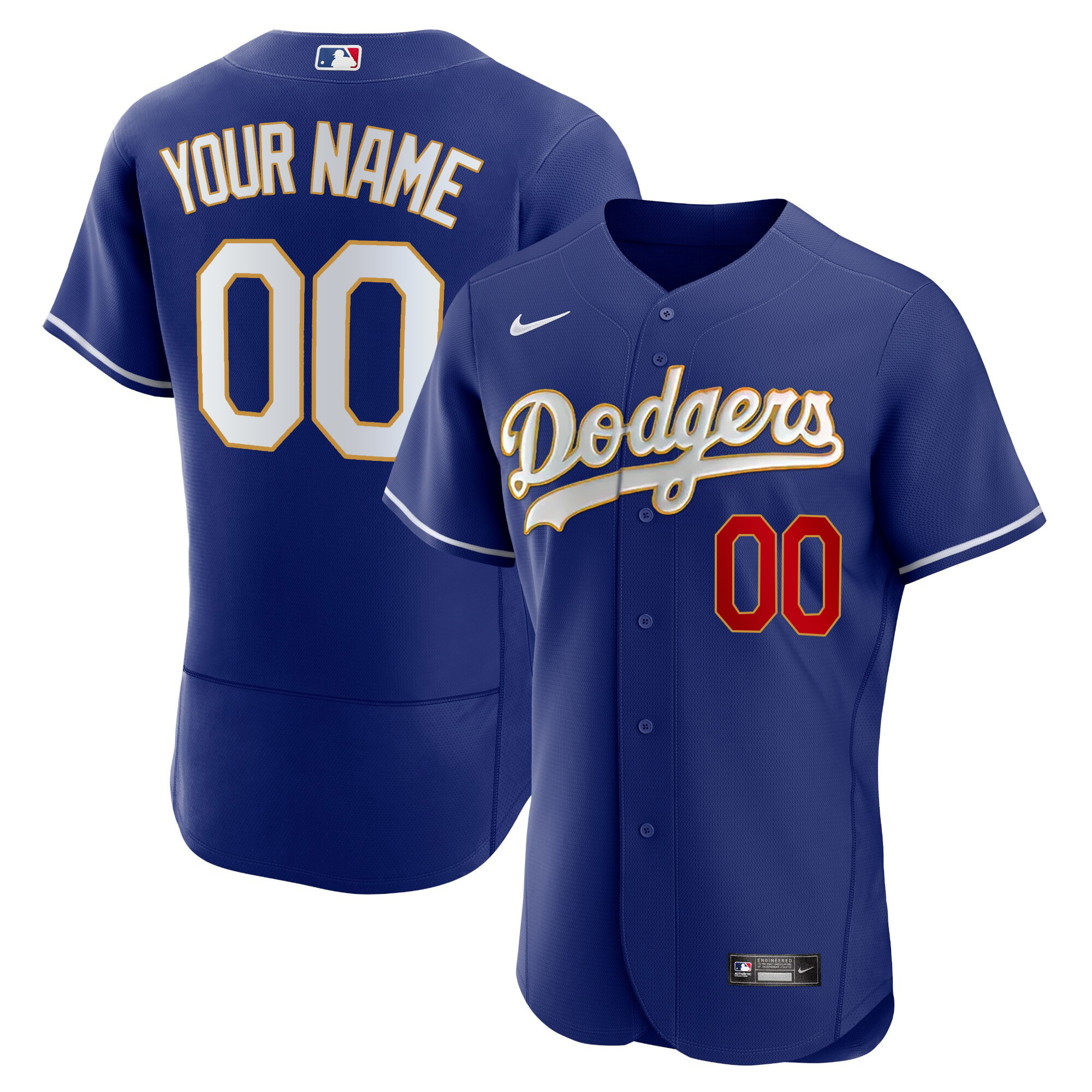 Men Los Angeles Dodgers Gold Trim Flex Base Custom Royal Jersey - All Stitched