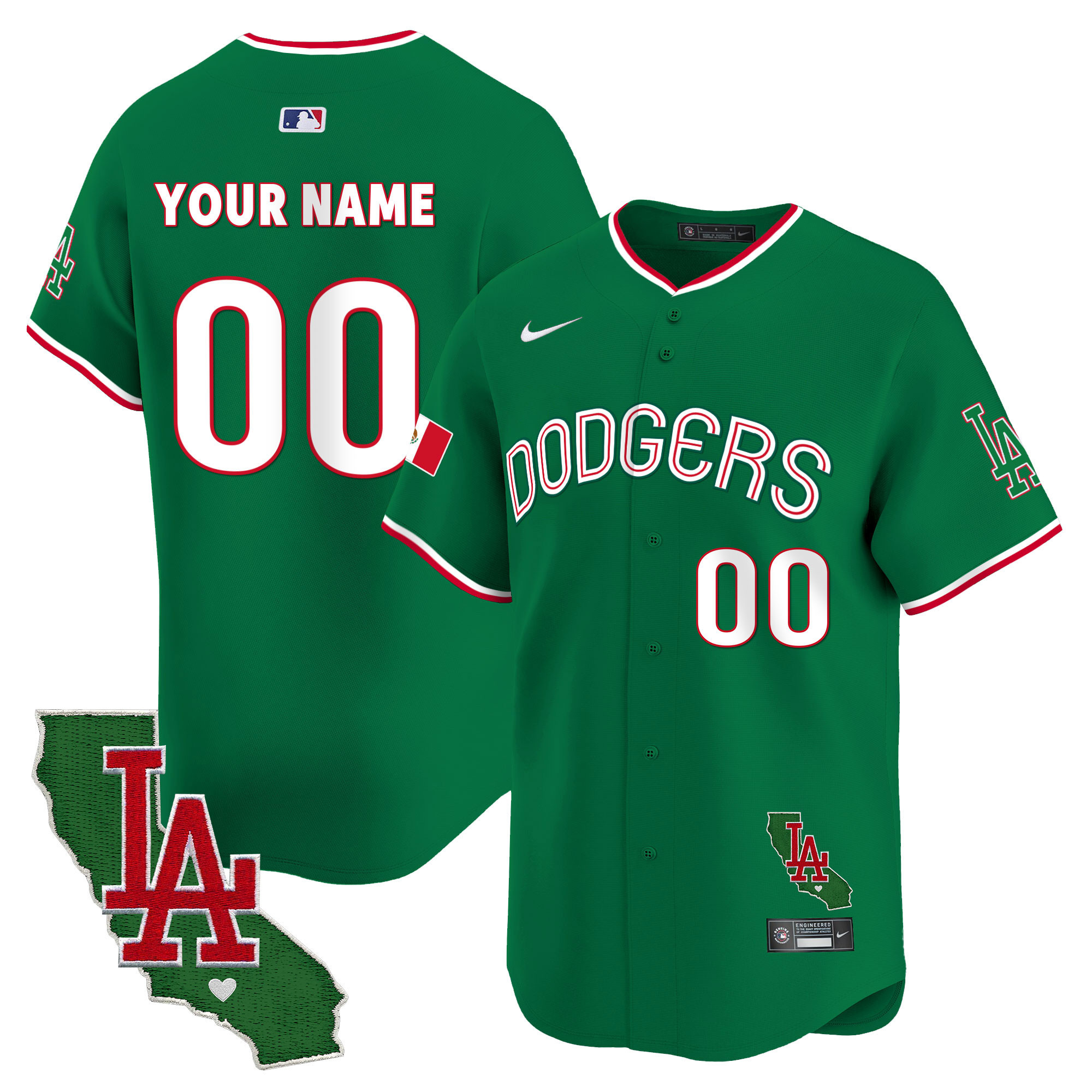 Men Los Angeles Dodgers Mexico California Patch Vapor Premier Limited Custom Green Jersey V3 - All Stitched