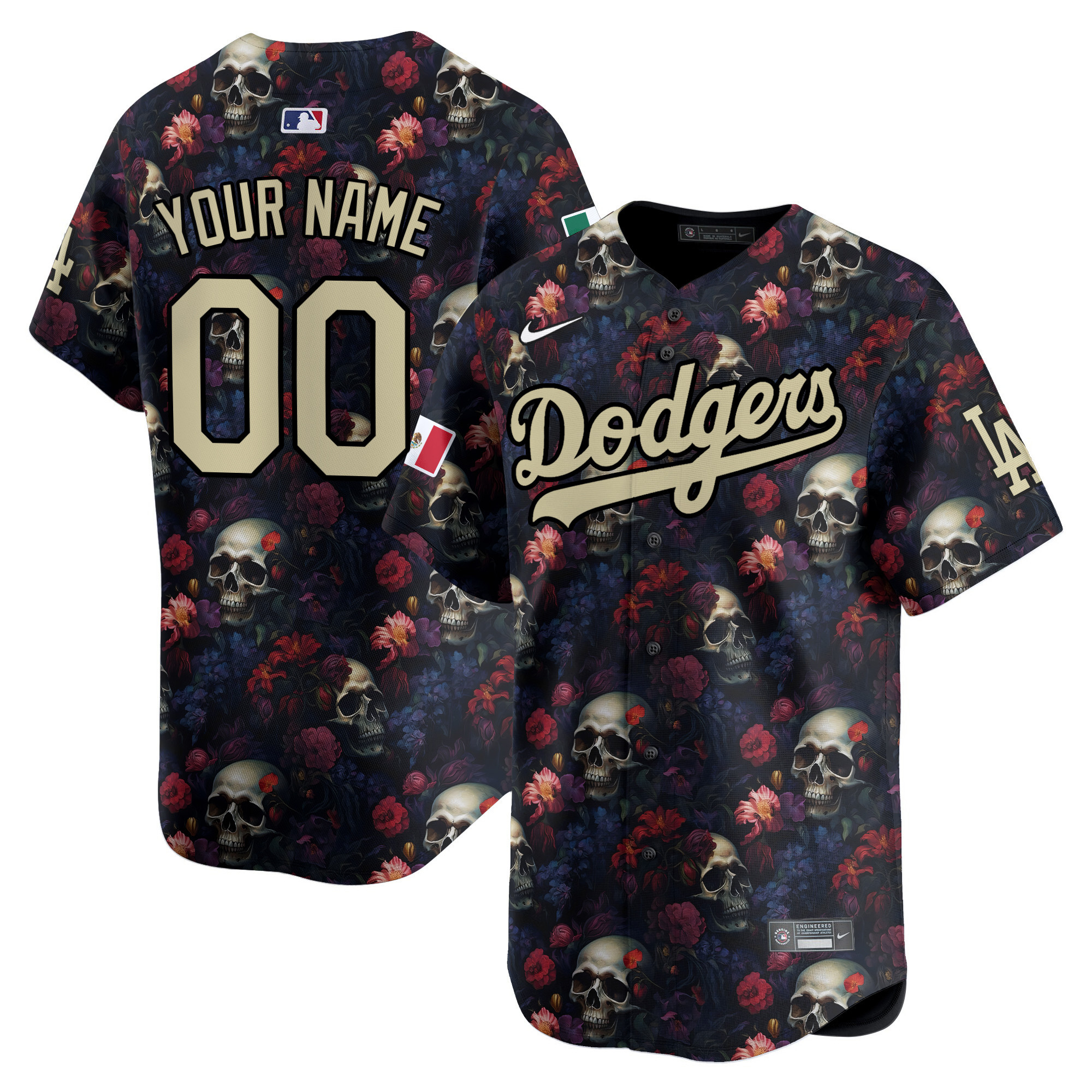Men Los Angeles Dodgers Skull & Roses Vapor Premier Limited Custom Black Jersey - Printed