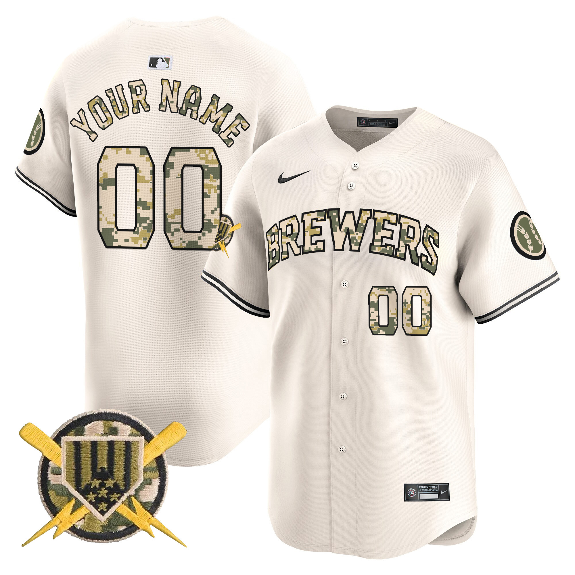 Men Milwaukee Brewers Armed Forces Day Vapor Premier Limited Custom Cream Jersey - All Stitched