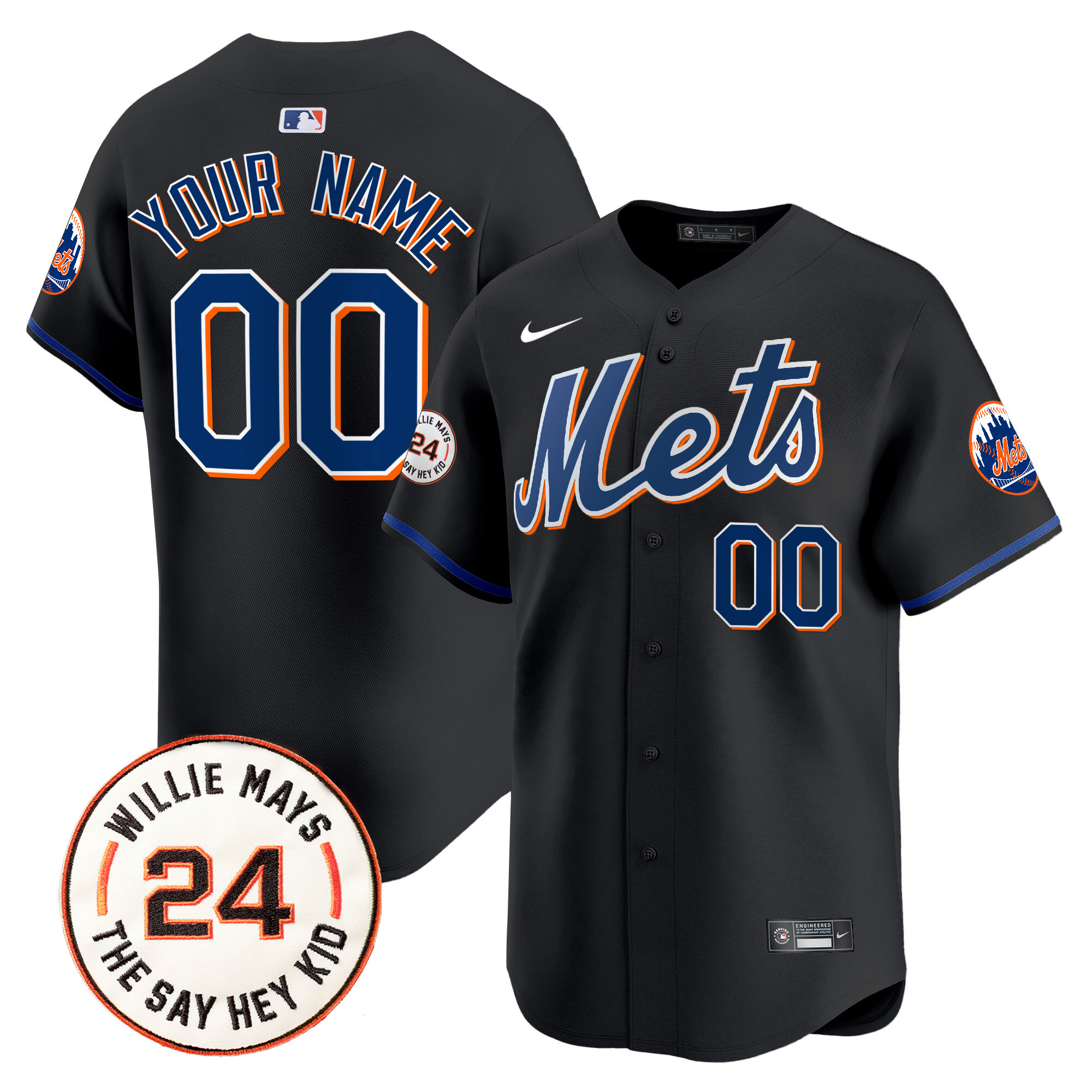 Men New York Mets Willie Mays Patch Vapor Premier Limited Custom Black Jersey - All Stitched
