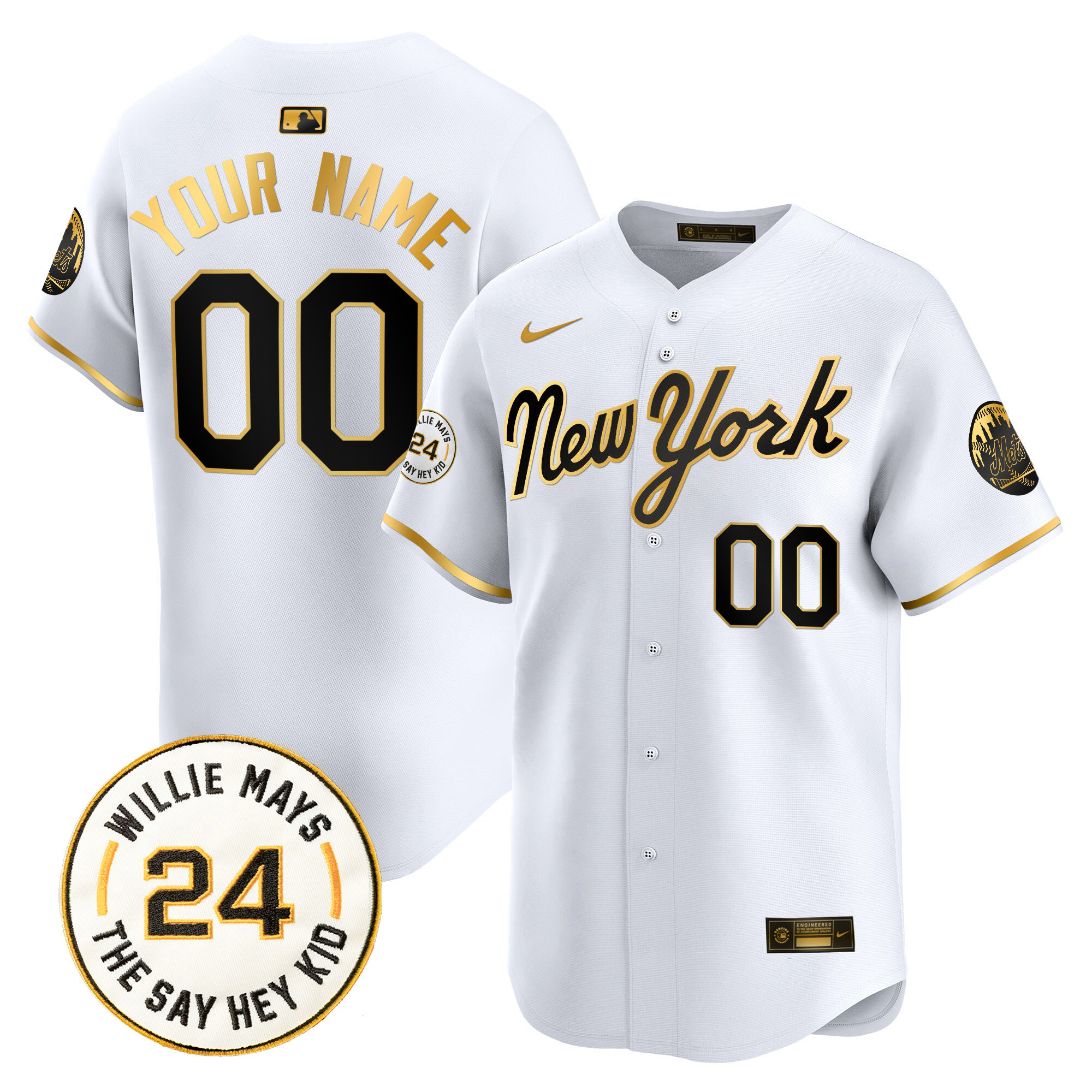 Men New York Mets Willie Mays Patch Vapor Premier Limited Custom New York Gold Jersey - All Stitched