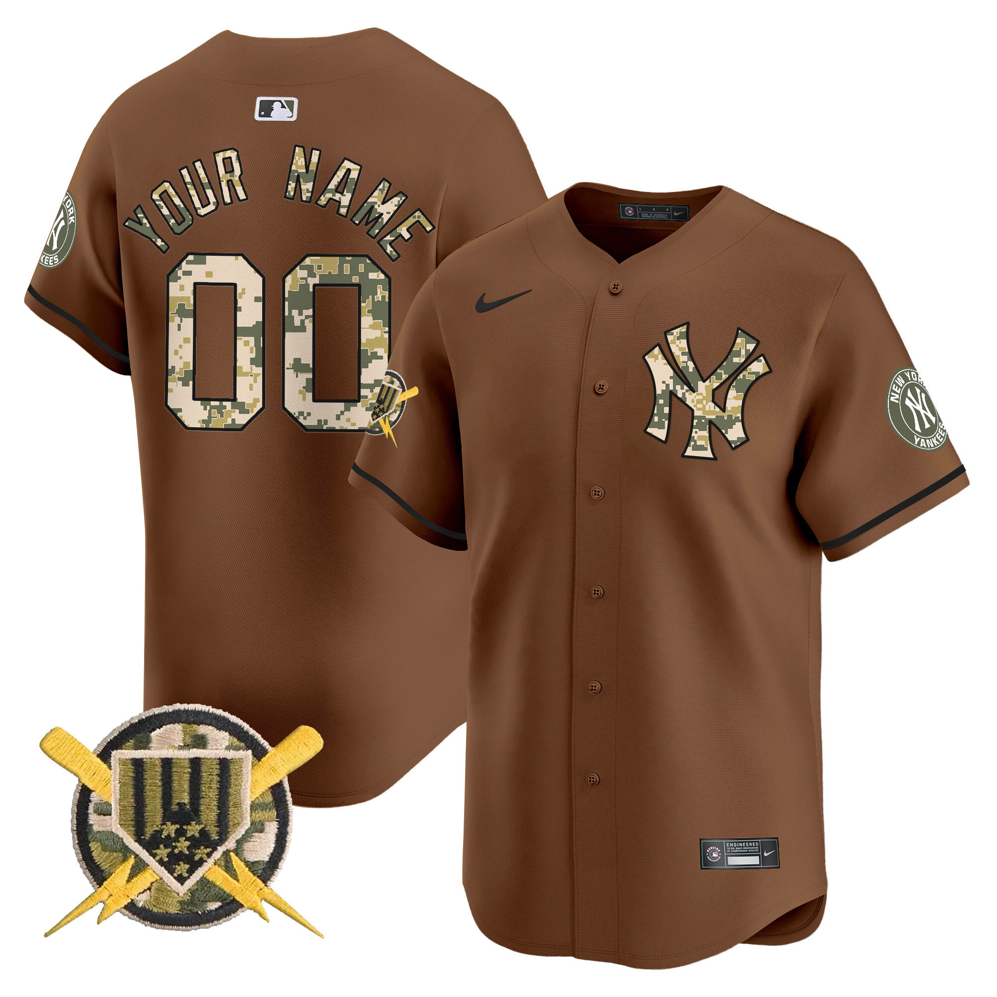 Men New York Yankees Armed Forces Day Vapor Premier Limited Custom Brown Jersey - All Stitched