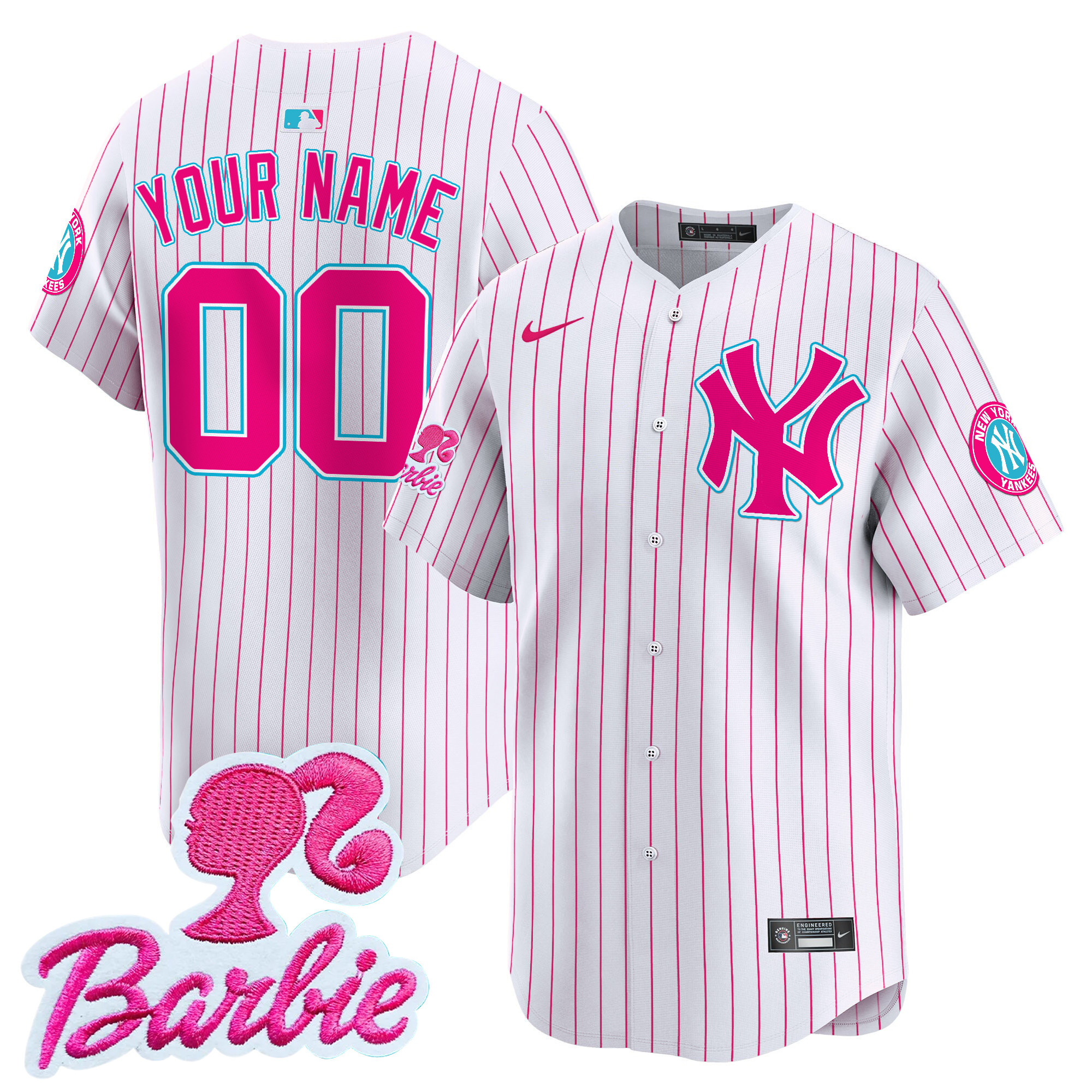 Men New York Yankees Barbie Patch Vapor Premier Limited Custom Pink Stripe Jersey - All Stitched
