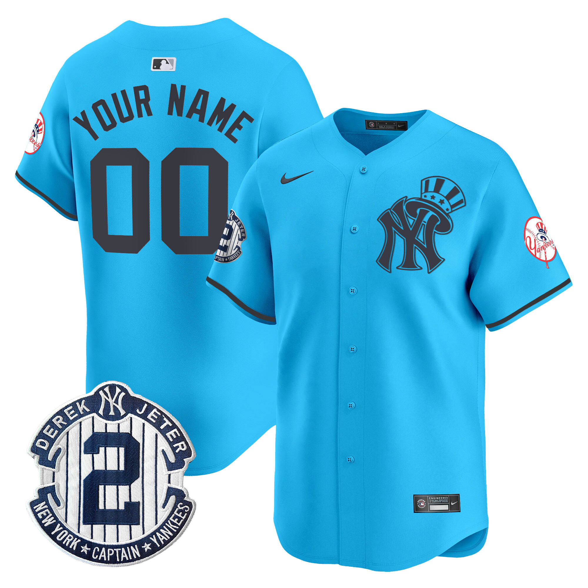 Men New York Yankees Derek Jeter Patch Vapor Premier Limited Custom Light Blue Jersey V2 - All Stitched