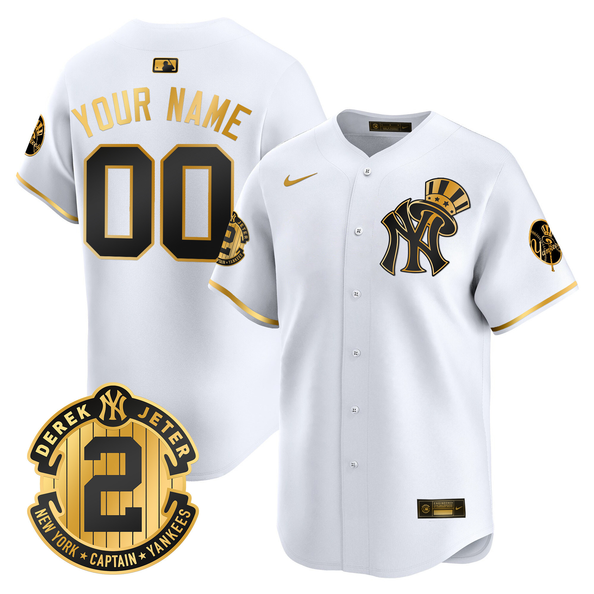 Men New York Yankees Derek Jeter Patch Vapor Premier Limited Custom White Gold Jersey V2 - All Stitched