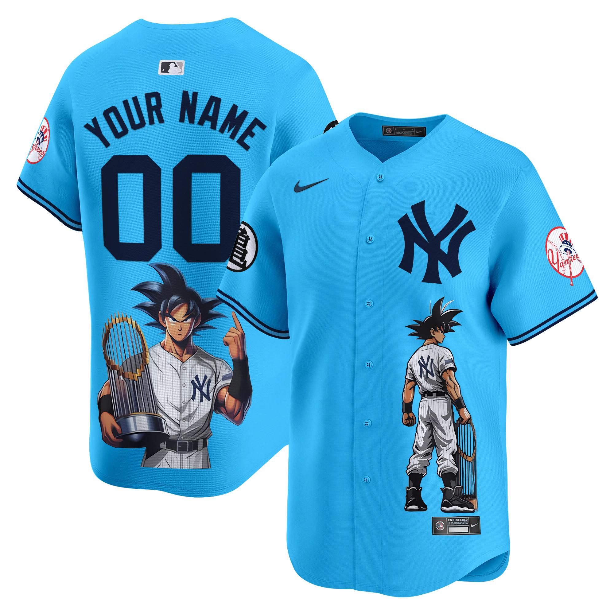 Men New York Yankees Dragon Ball Son Goku Vapor Premier Limited Custom Light Blue Jersey - Printed