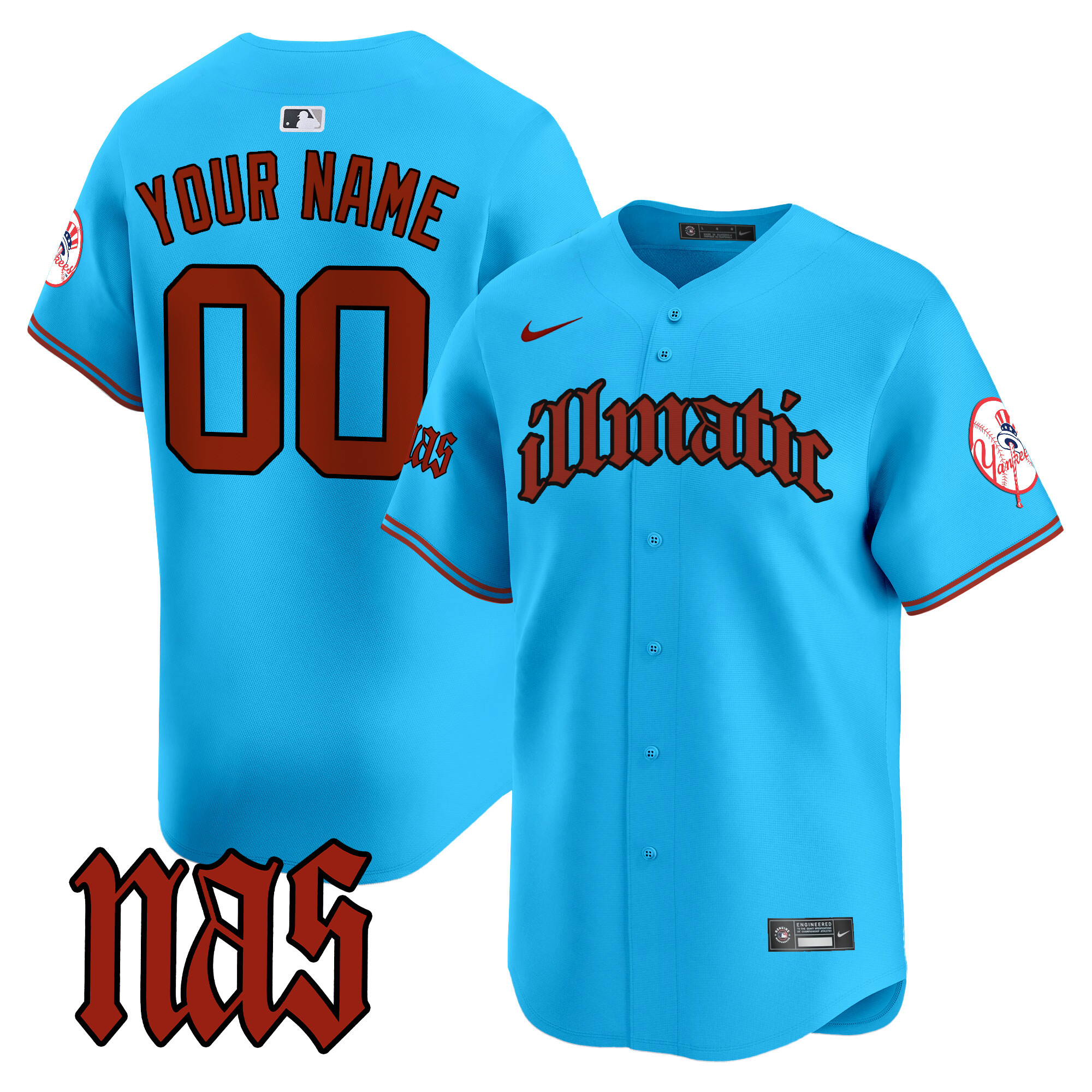 Men New York Yankees Nas Illmatic Vapor Premier Limited Custom Light Blue Jersey - All Stitched