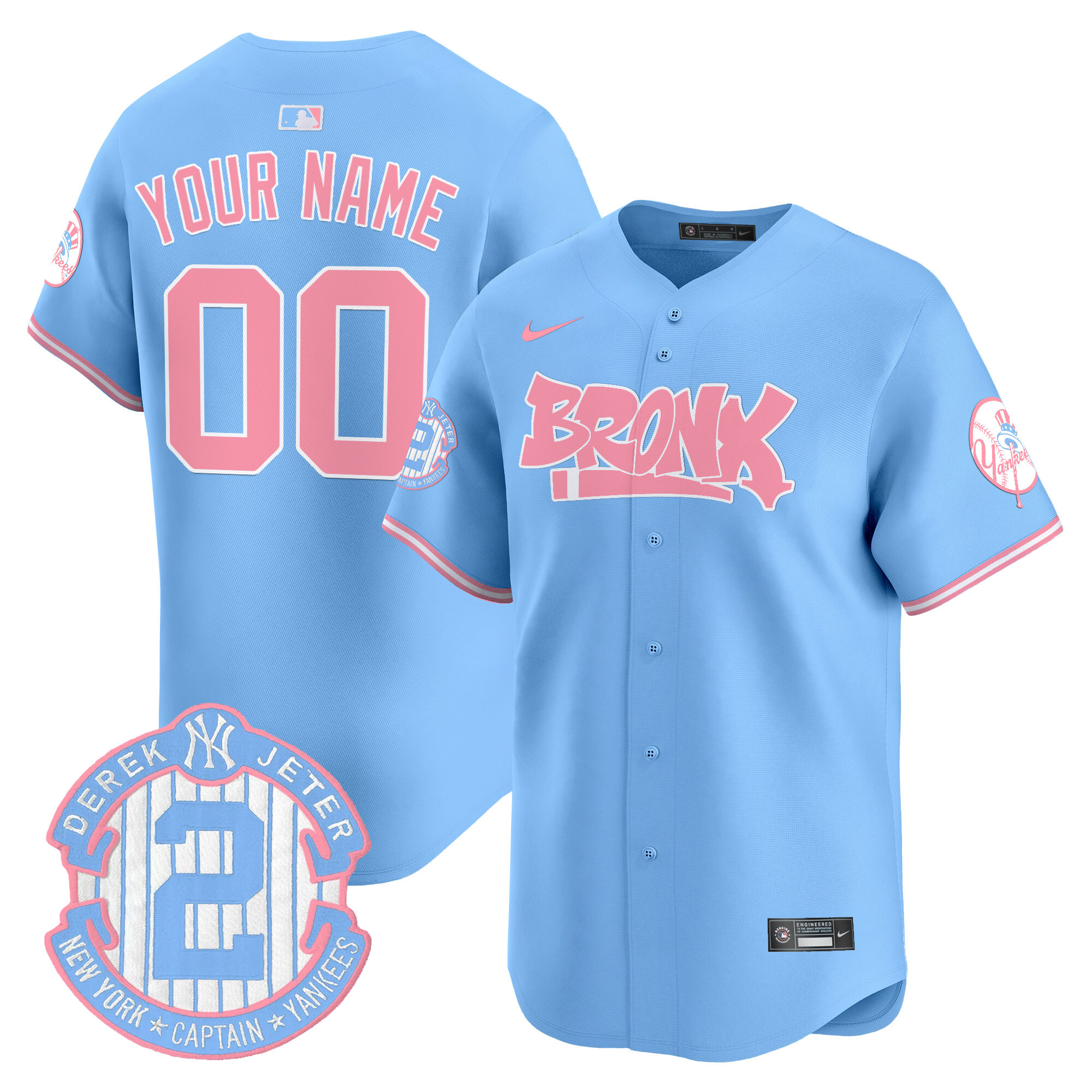 Men New York Yankees The Bronx Graffiti Bubblegum Pink Vapor Premier Limited Custom Light Blue Jersey - All Stitched