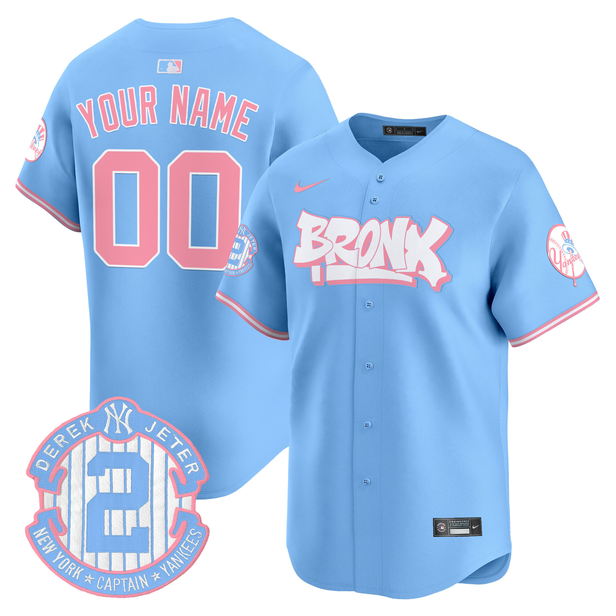 Men New York Yankees The Bronx Graffiti Bubblegum Pink Vapor Premier Limited Custom Light Blue Jersey V2 - All Stitched