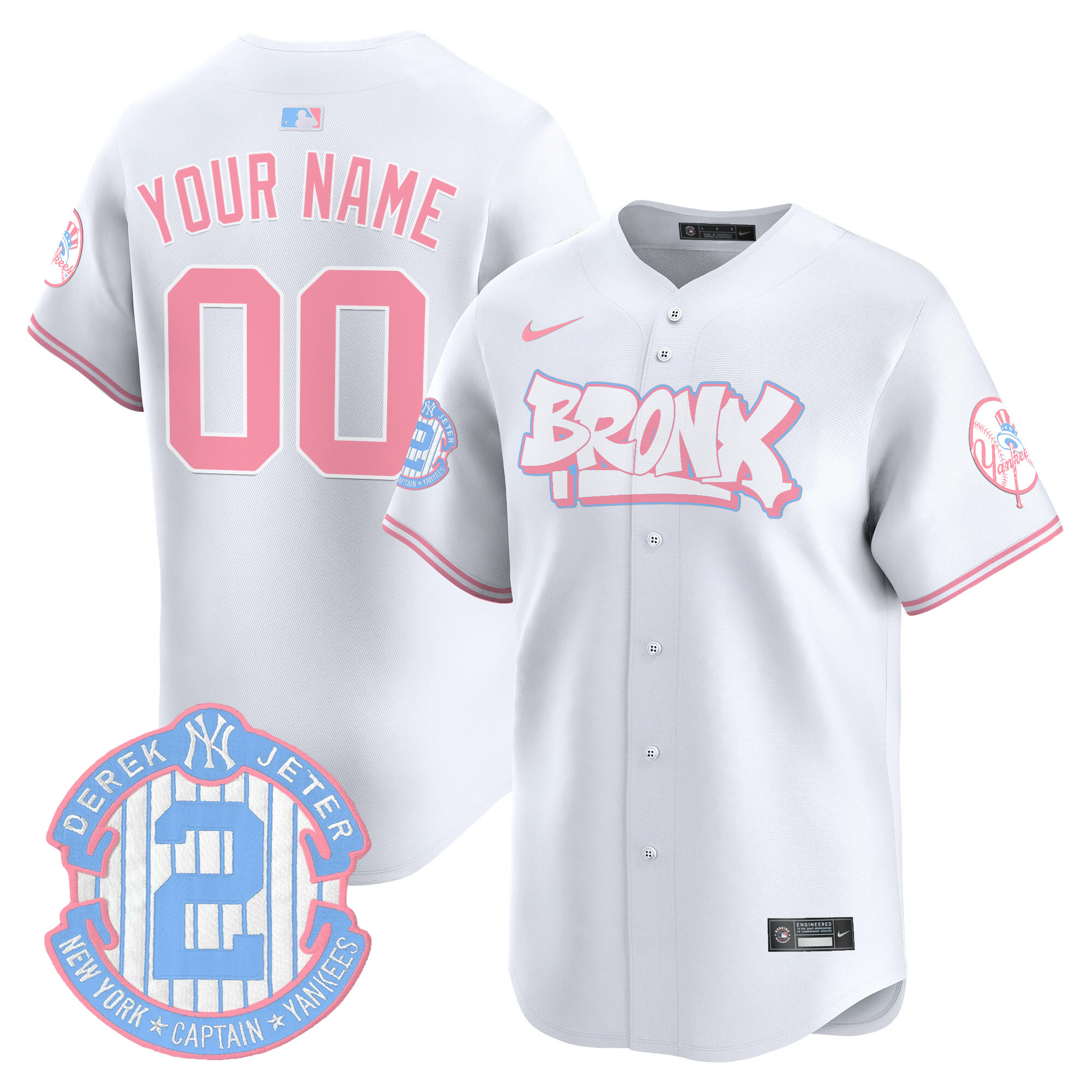 Men New York Yankees The Bronx Graffiti Bubblegum Pink Vapor Premier Limited Custom White Jersey V2 - All Stitched
