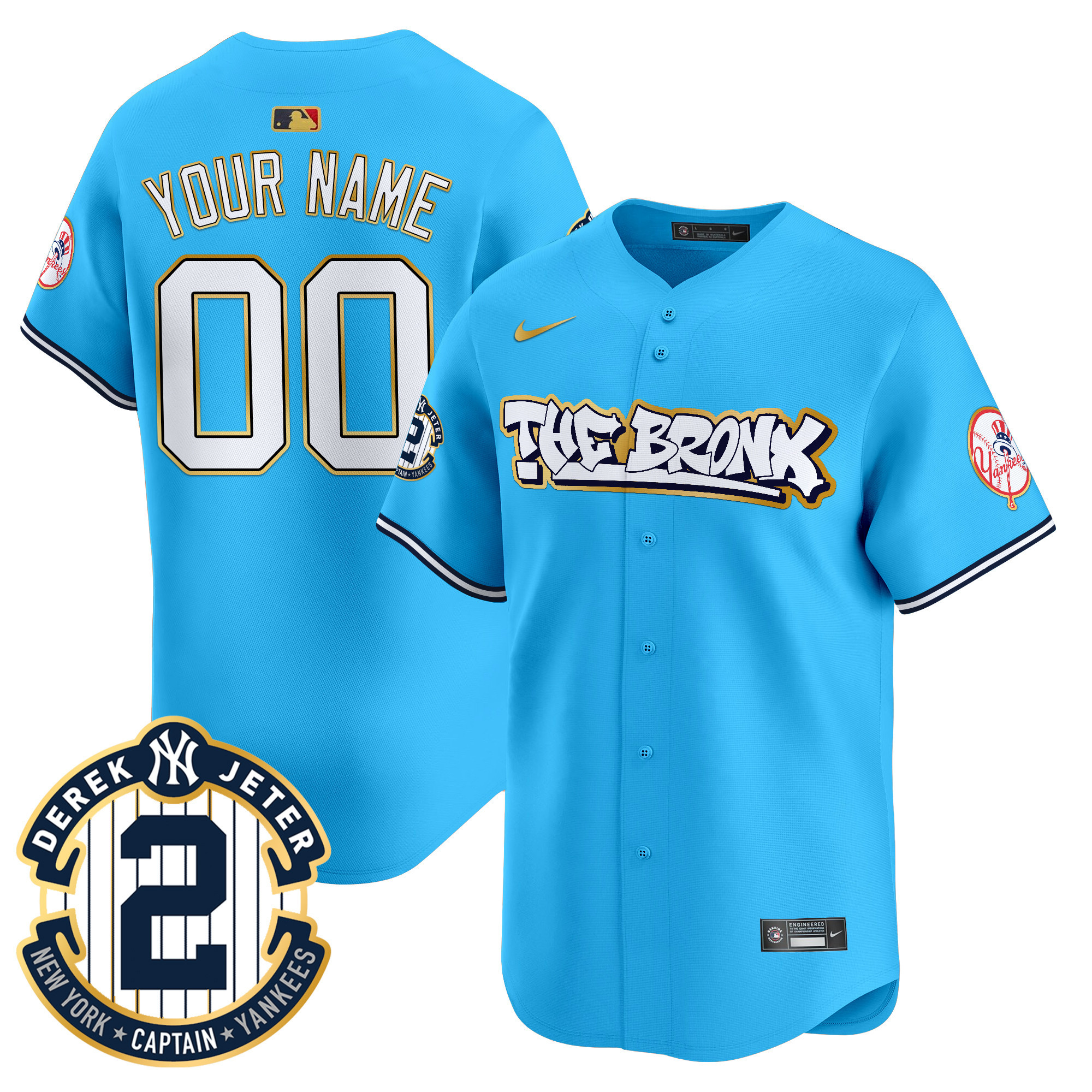 Men New York Yankees The Bronx Graffiti Gold Trim Vapor Premier Limited Custom Light Blue Jersey - All Stitched