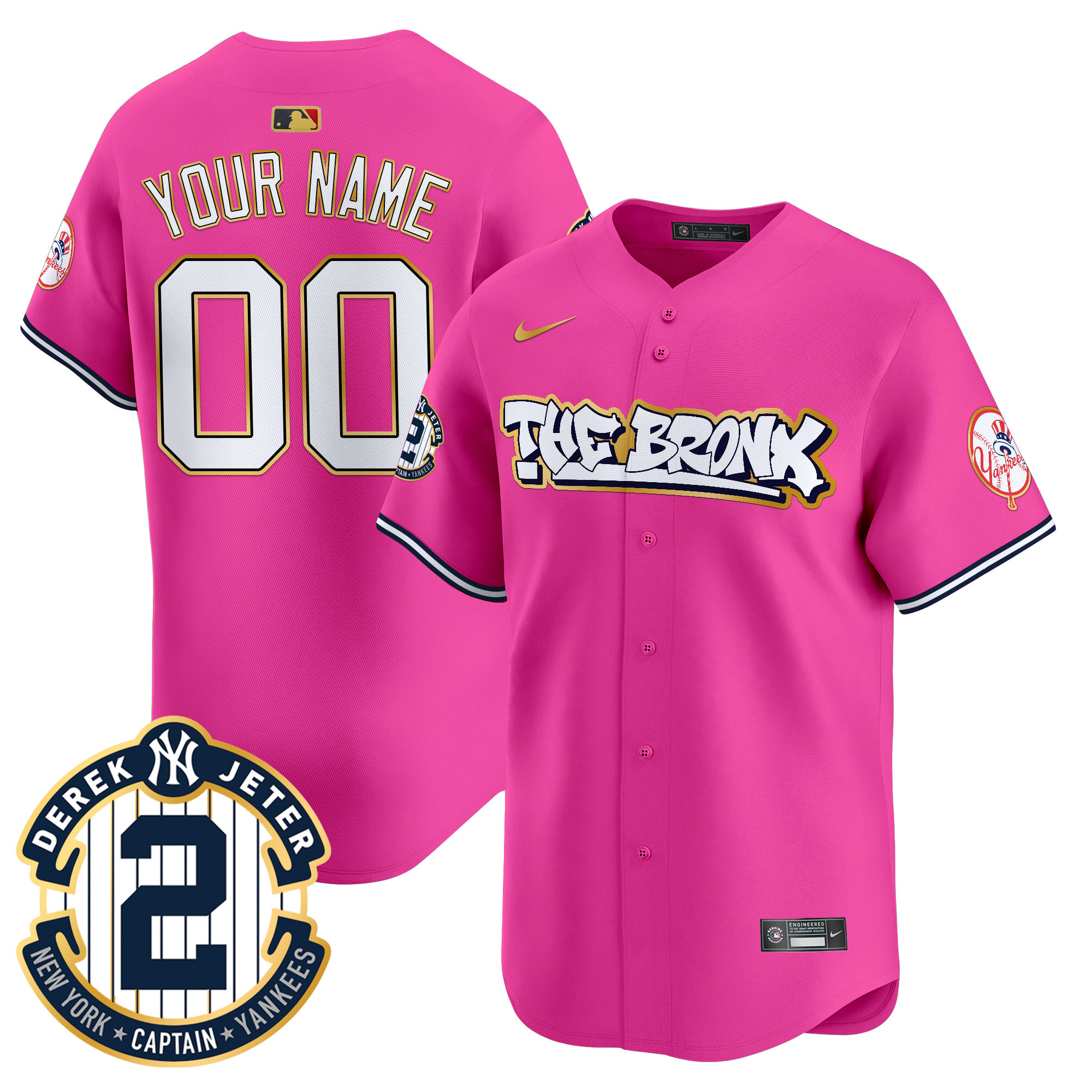 Men New York Yankees The Bronx Graffiti Gold Trim Vapor Premier Limited Custom Pink Jersey - All Stitched