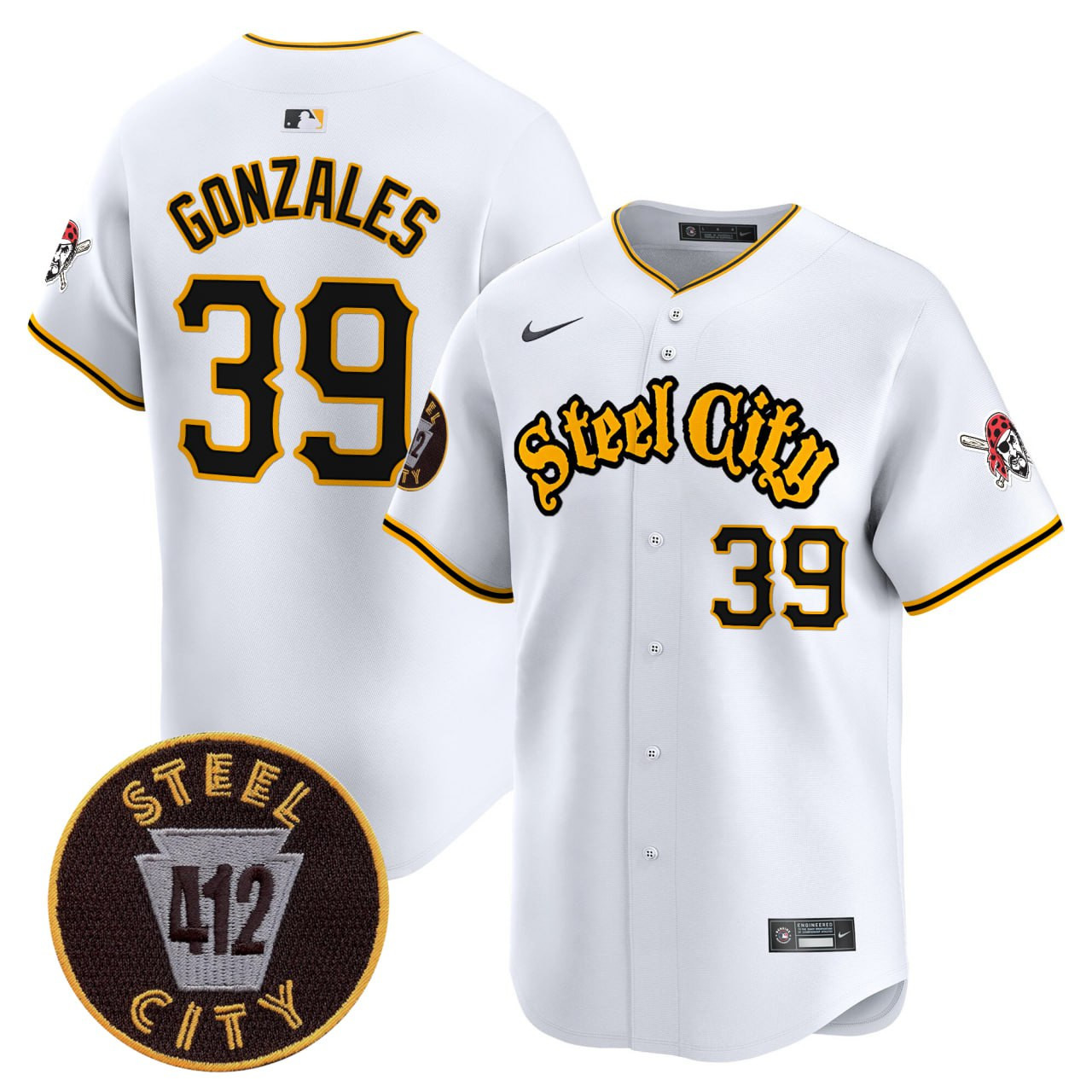 Men Nick Gonzales Pittsburgh Pirates 412 Patch White Premier Limited Cool Base Jersey - All Stitched