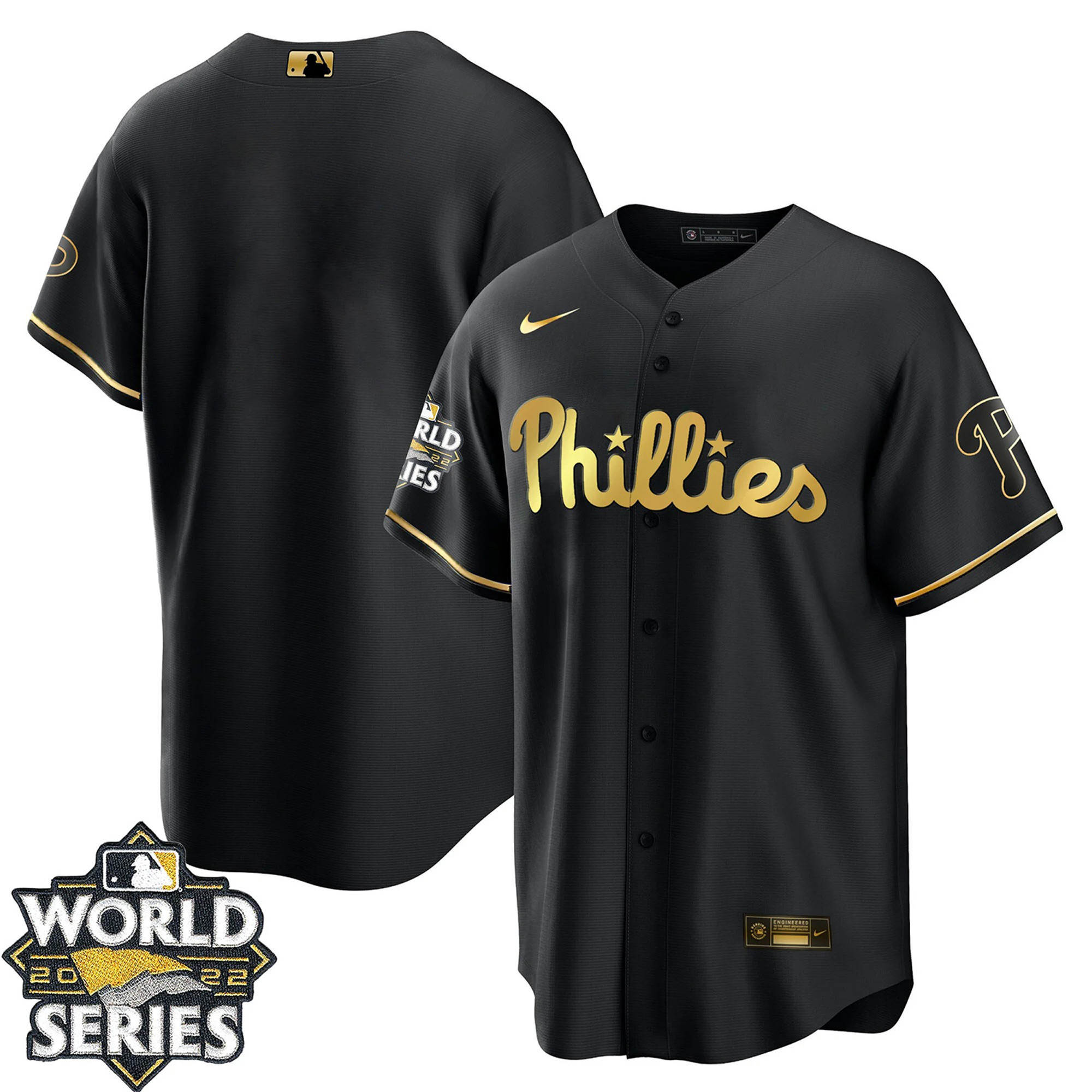 Men Philadelphia Phillies Black Gold & White Gold Team Cool Black Jersey - All Stitched