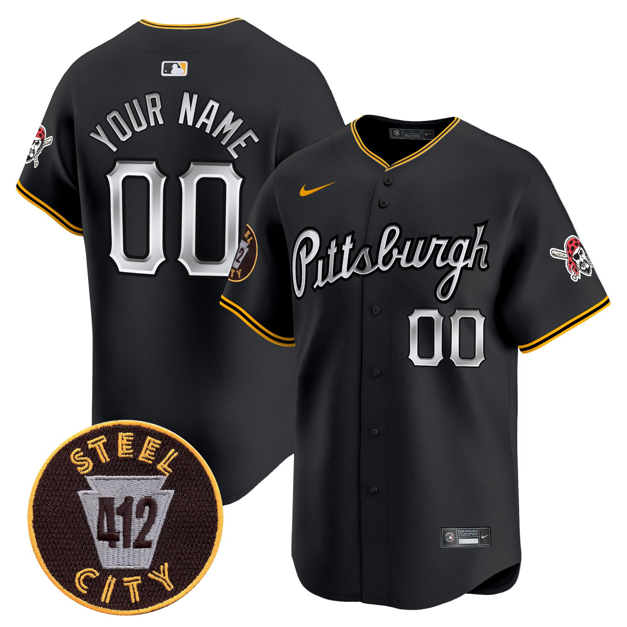 Men Pittsburgh Pirates 412 Patch Vapor Premier Limited Custom Black Jersey V7 - All Stitched