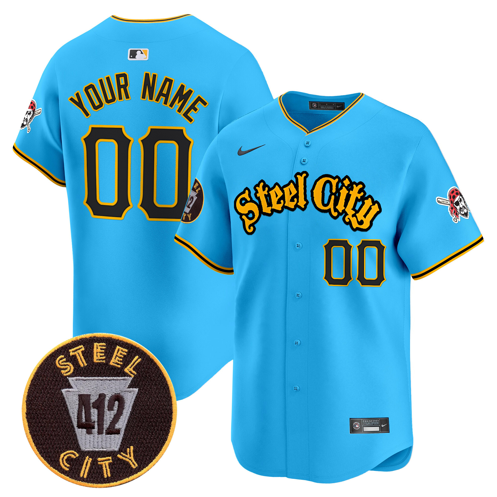 Men Pittsburgh Pirates 412 Patch Vapor Premier Limited Custom Light Blue Jersey - All Stitched