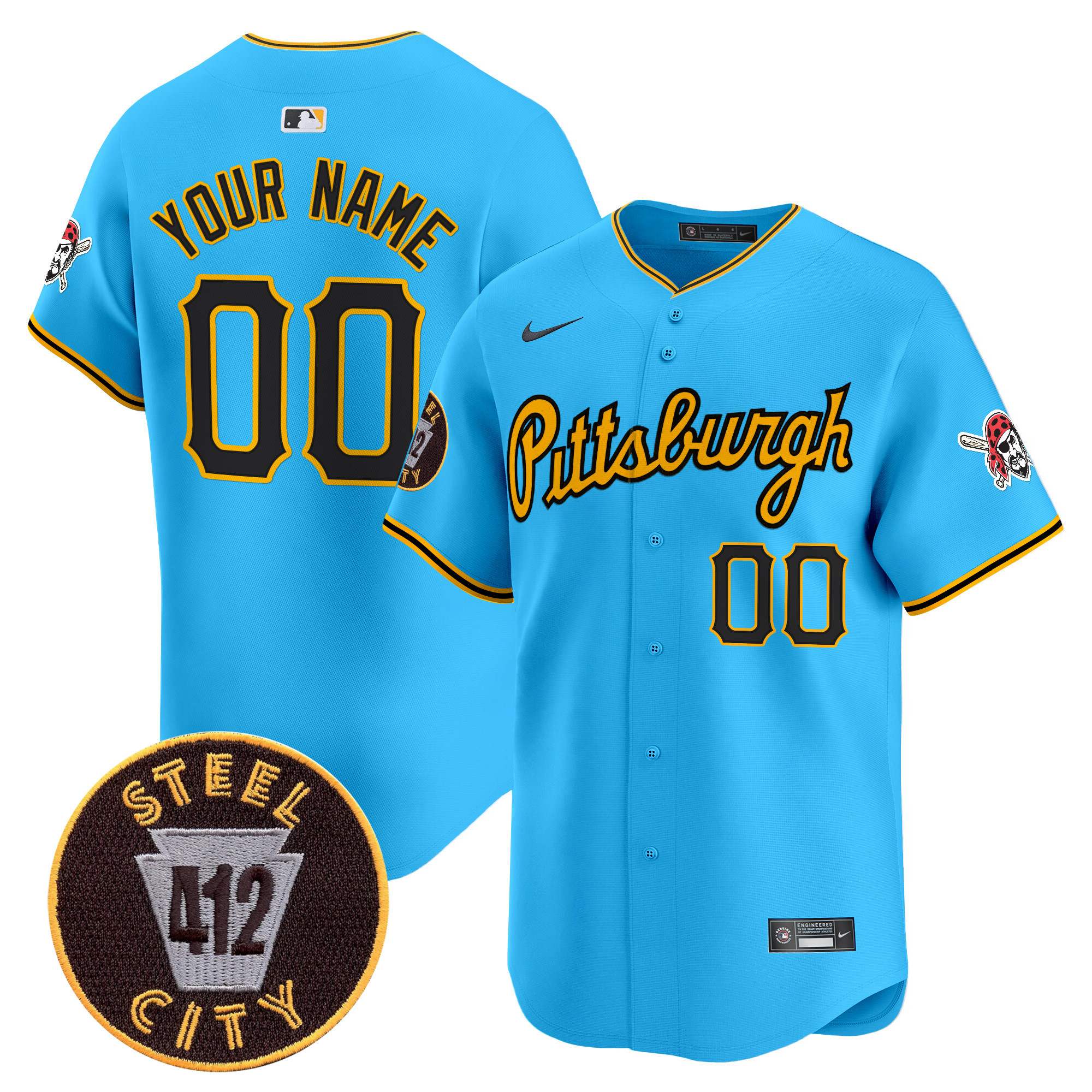 Men Pittsburgh Pirates 412 Patch Vapor Premier Limited Custom Light Blue Jersey V4 - All Stitched