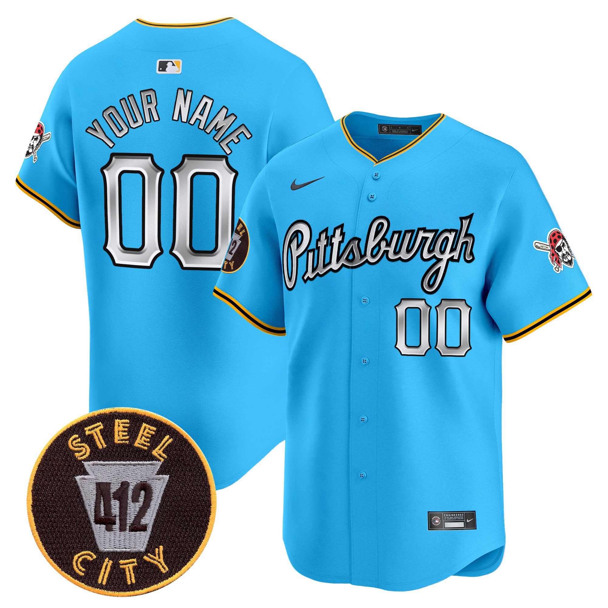 Men Pittsburgh Pirates 412 Patch Vapor Premier Limited Custom Light Blue Jersey V7 - All Stitched