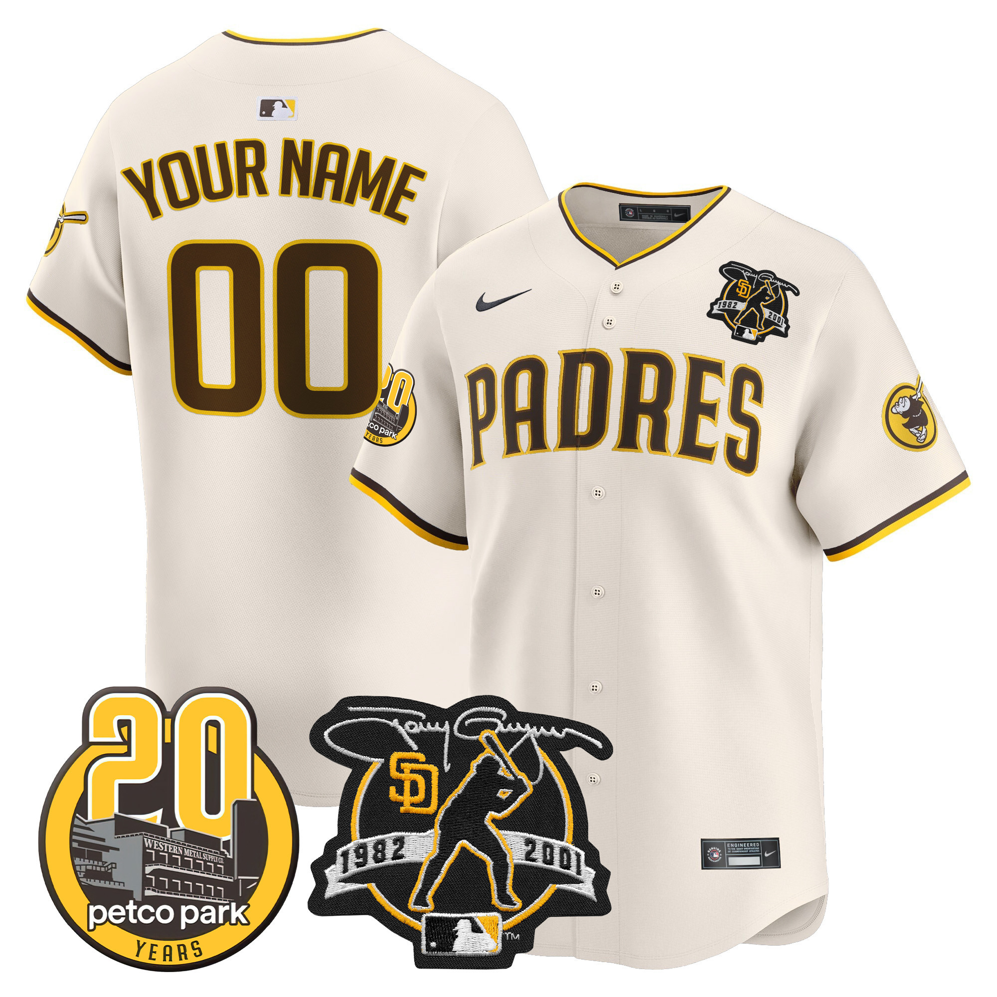 Men San Diego Padres Tony Gwynn & Petco Park 20th Patch Vapor Premier Limited Custom Cream Jersey V2 ñ All Stitched