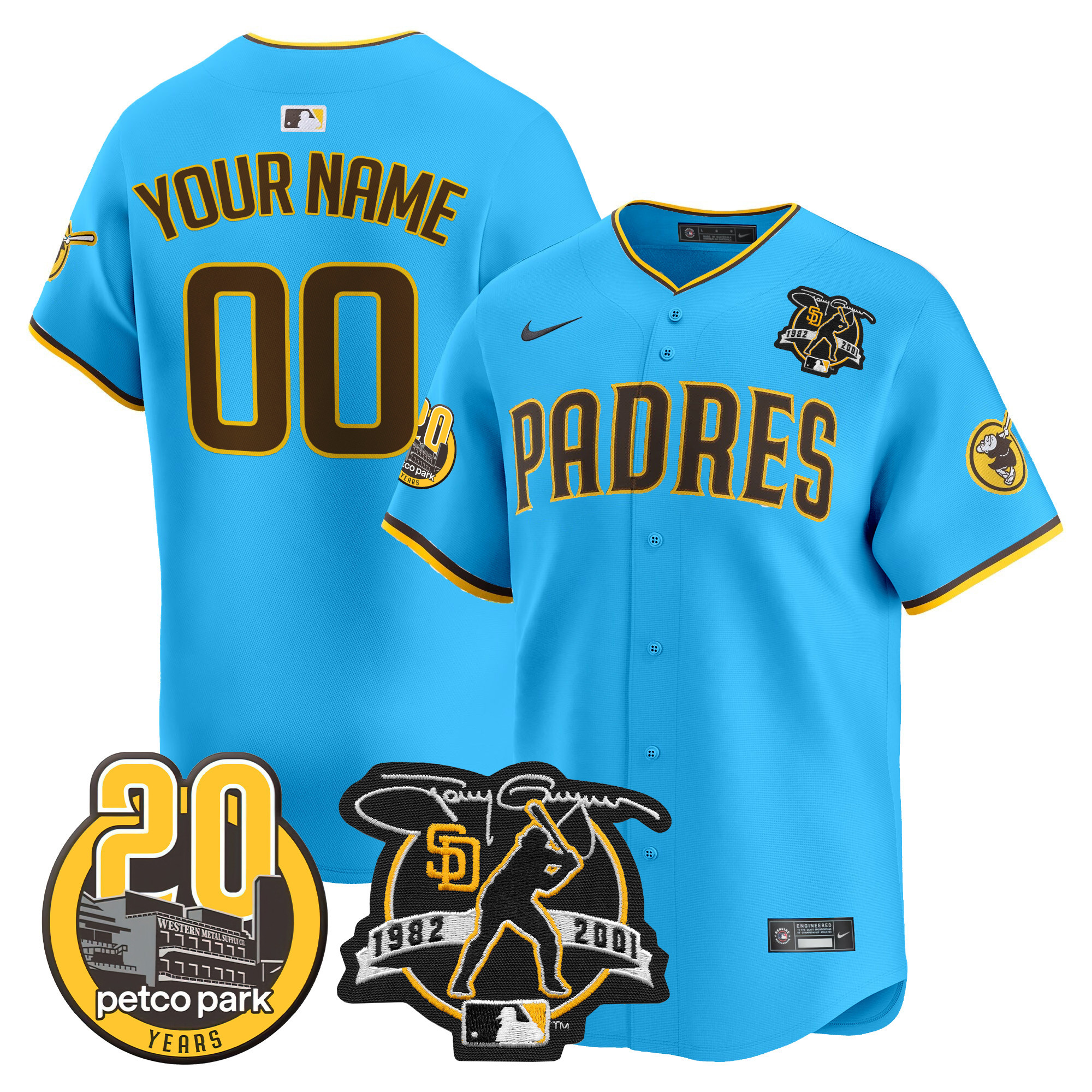 Men San Diego Padres Tony Gwynn & Petco Park 20th Patch Vapor Premier Limited Custom Light Blue Jersey V2 ñ All Stitched