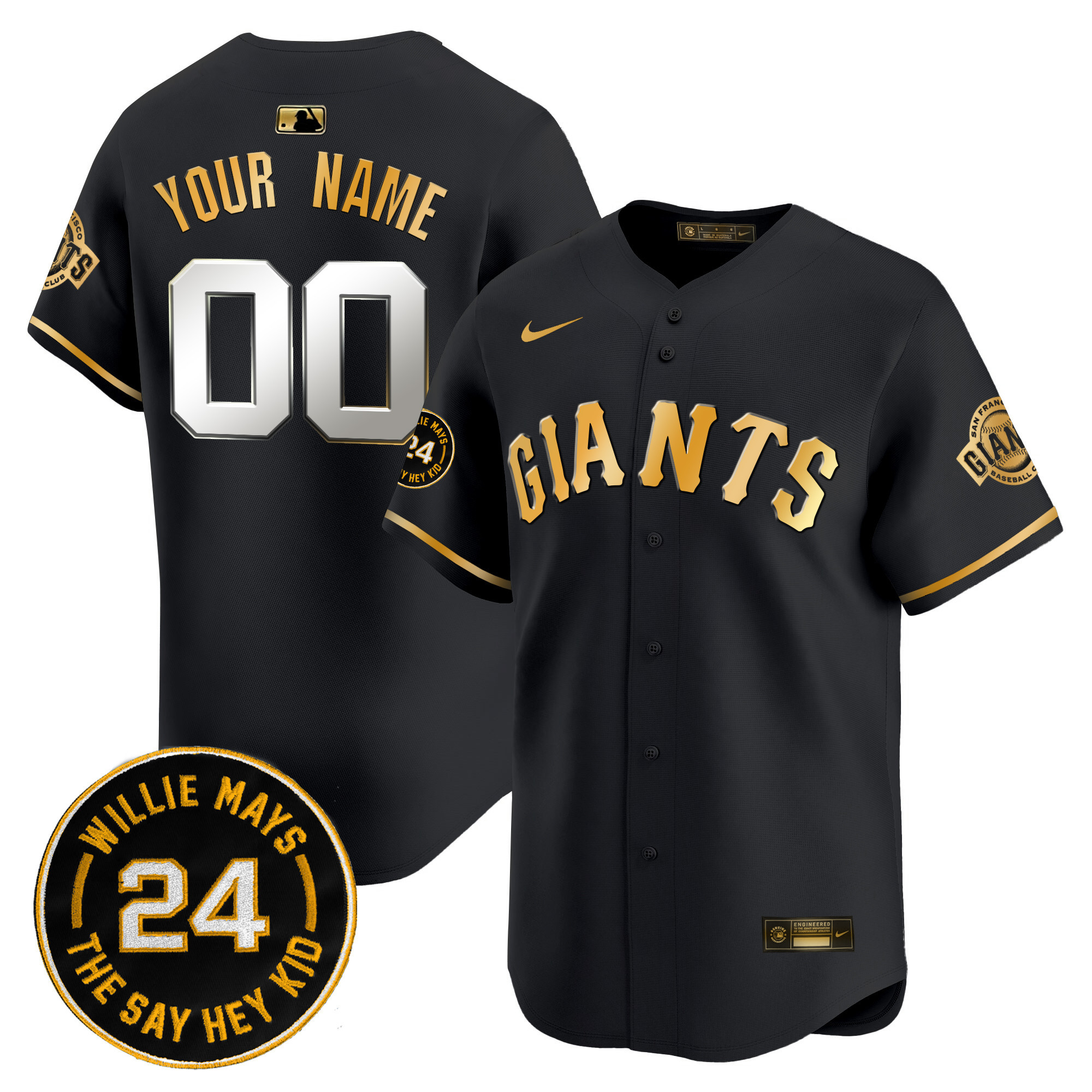 Men San Francisco Giants 2024 Willie Mays Patch Vapor Premier Limited Custom Black Gold Jersey - All Stitched