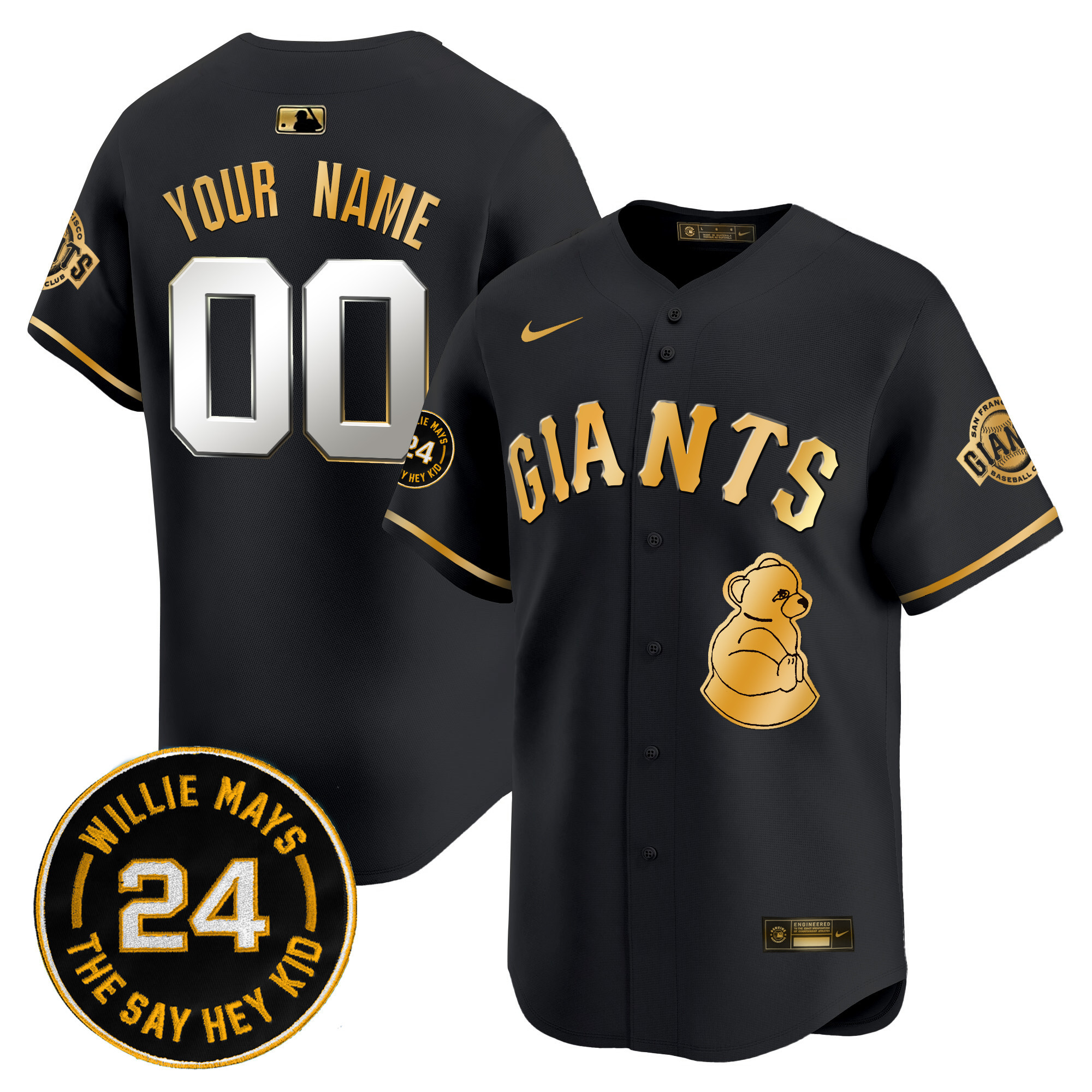 Men San Francisco Giants 2024 Willie Mays Patch Vapor Premier Limited Custom Black Gold Jersey V4 - All Stitched