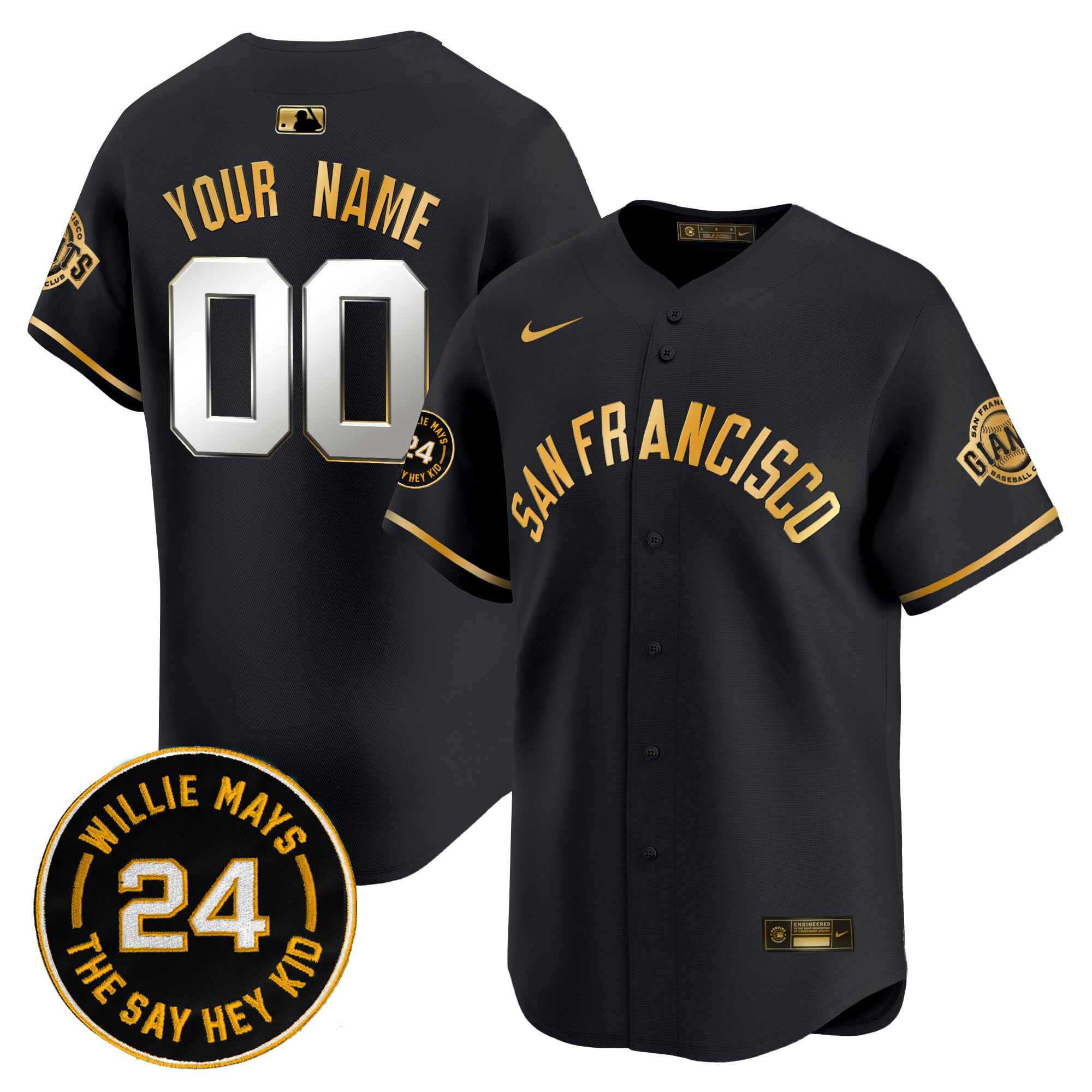 Men San Francisco Giants 2024 Willie Mays Patch Vapor Premier Limited Custom Black Gold Jersey V5 - All Stitched