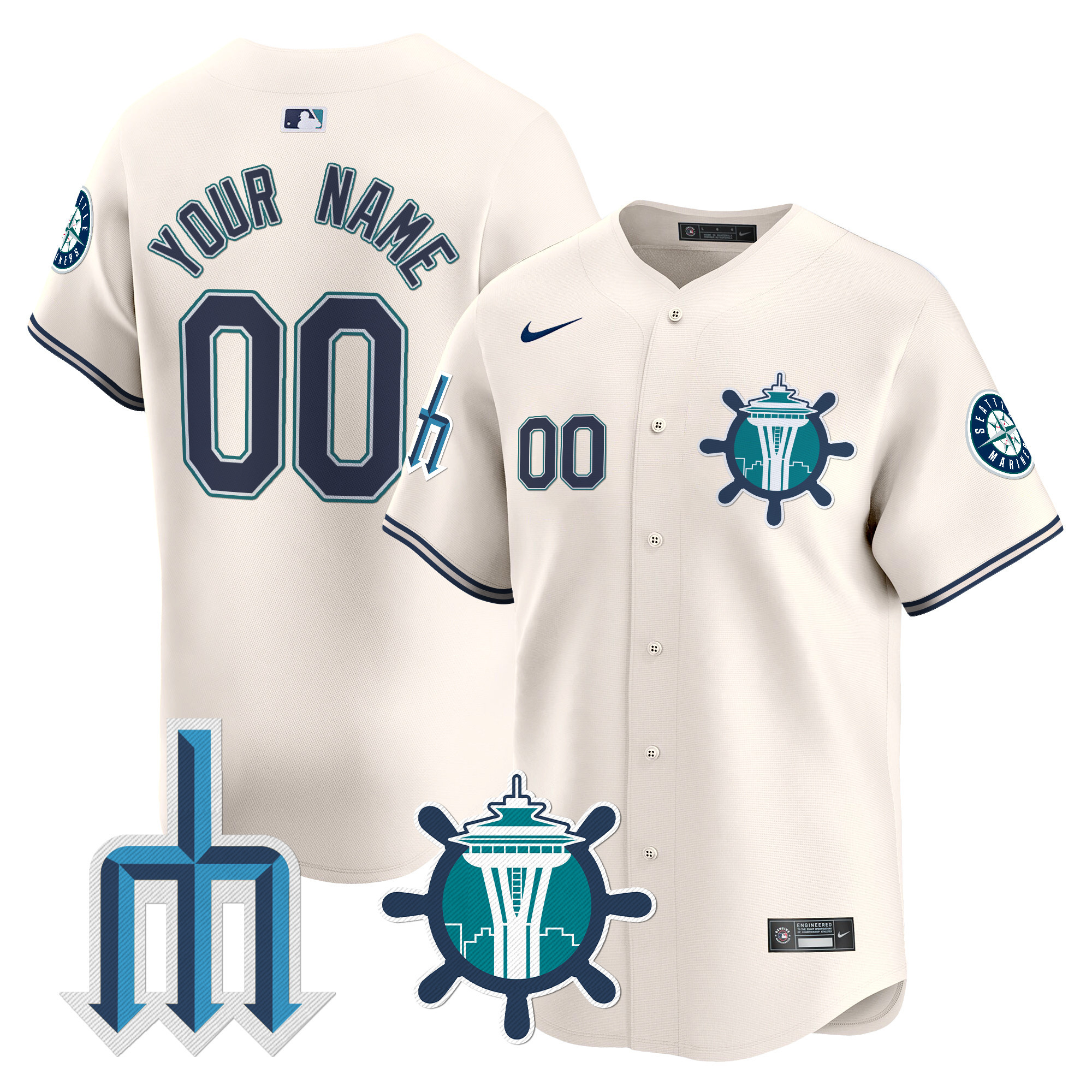 Men Seattle Mariners Trident Patch Vapor Premier Limited Custom Cream Jersey - All Stitched