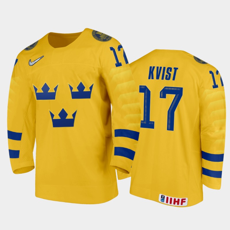 Men Sweden Team 2021 IIHF World Junior Championship Oskar Kvist #17 Home Gold Jersey