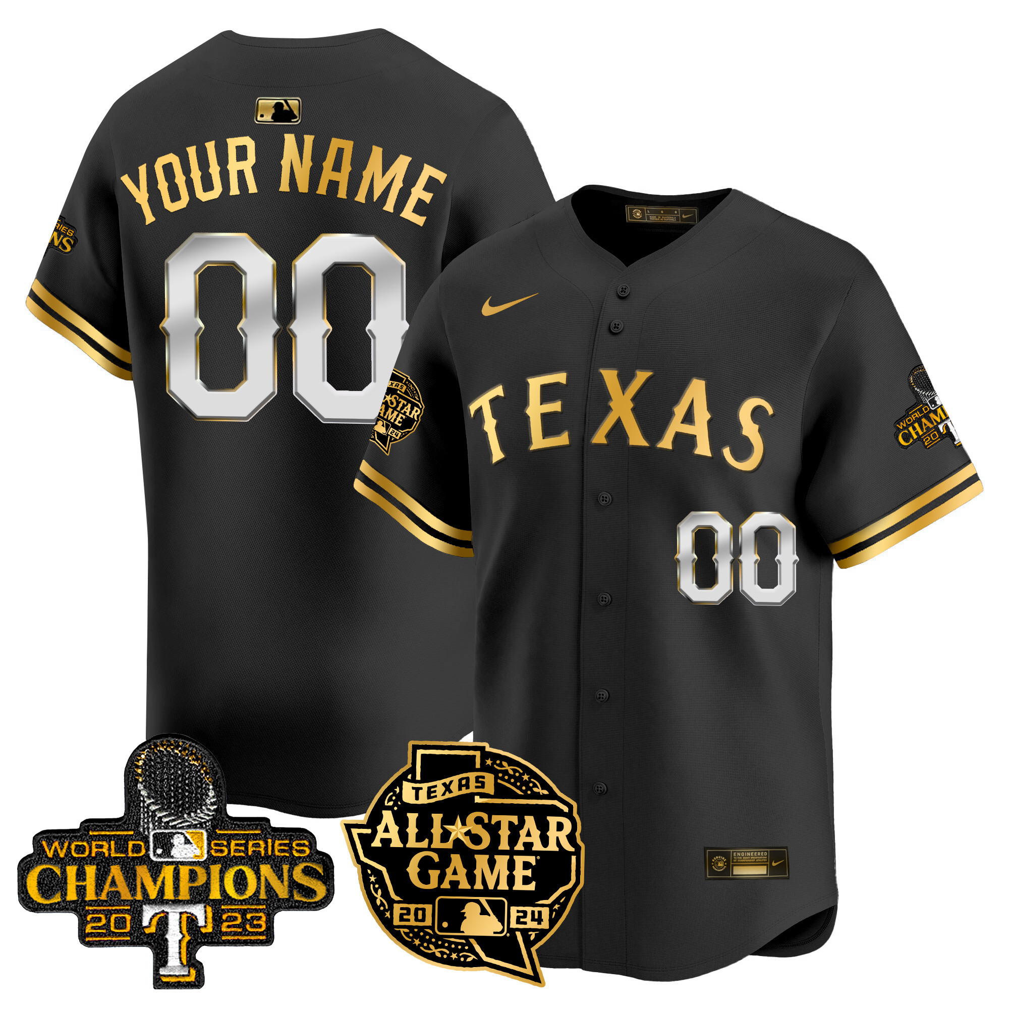Men Texas Rangers 2024 All Star Game Patch Vapor Premier Limited Custom Black Gold Jersey - All Stitched