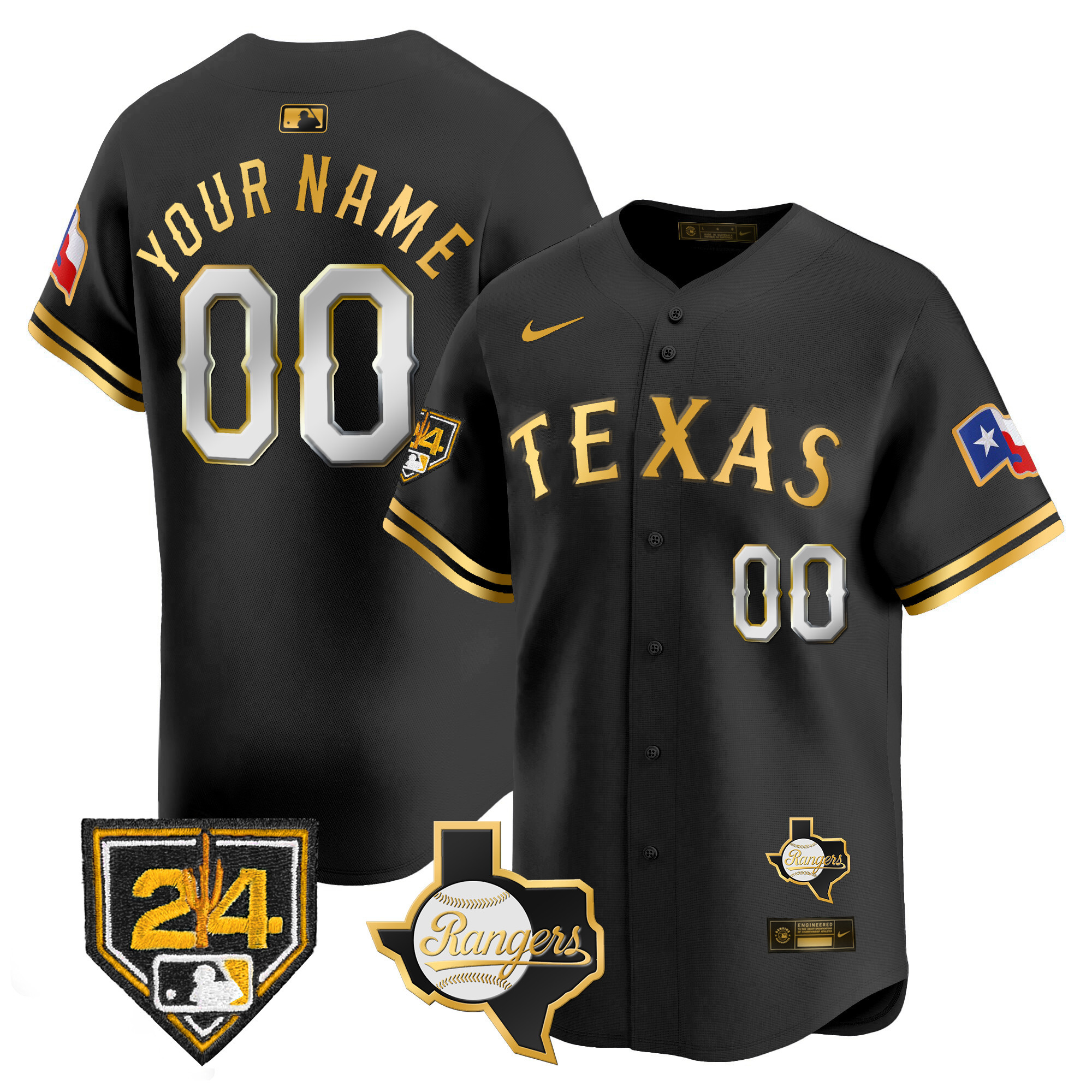 Men Texas Rangers 2024 Spring Training Patch Vapor Premier Limited Custom Black Gold Jersey - All Stitched