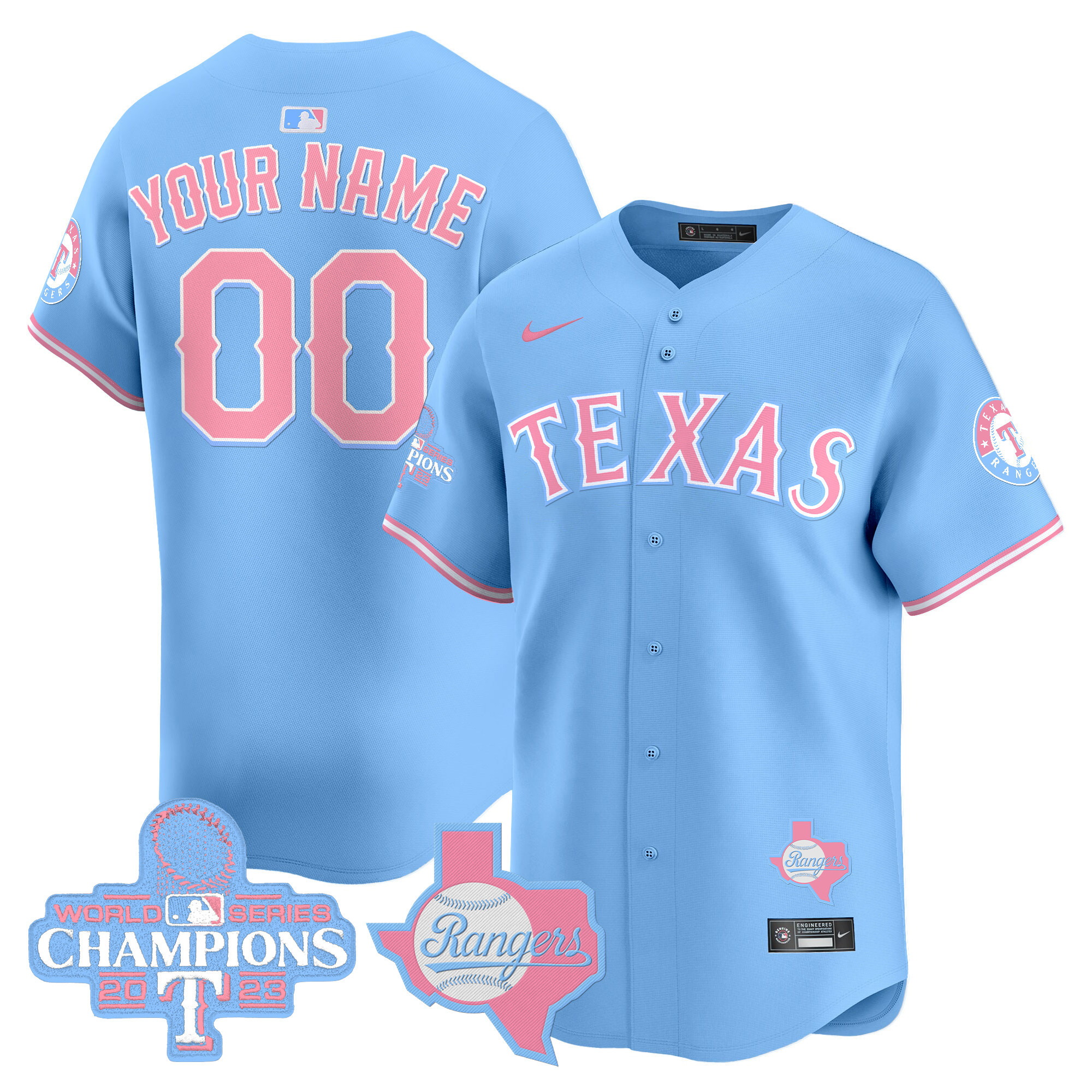 Men Texas Rangers Bubblegum Pink Vapor Premier Limited Custom Light Blue Jersey - All Stitched